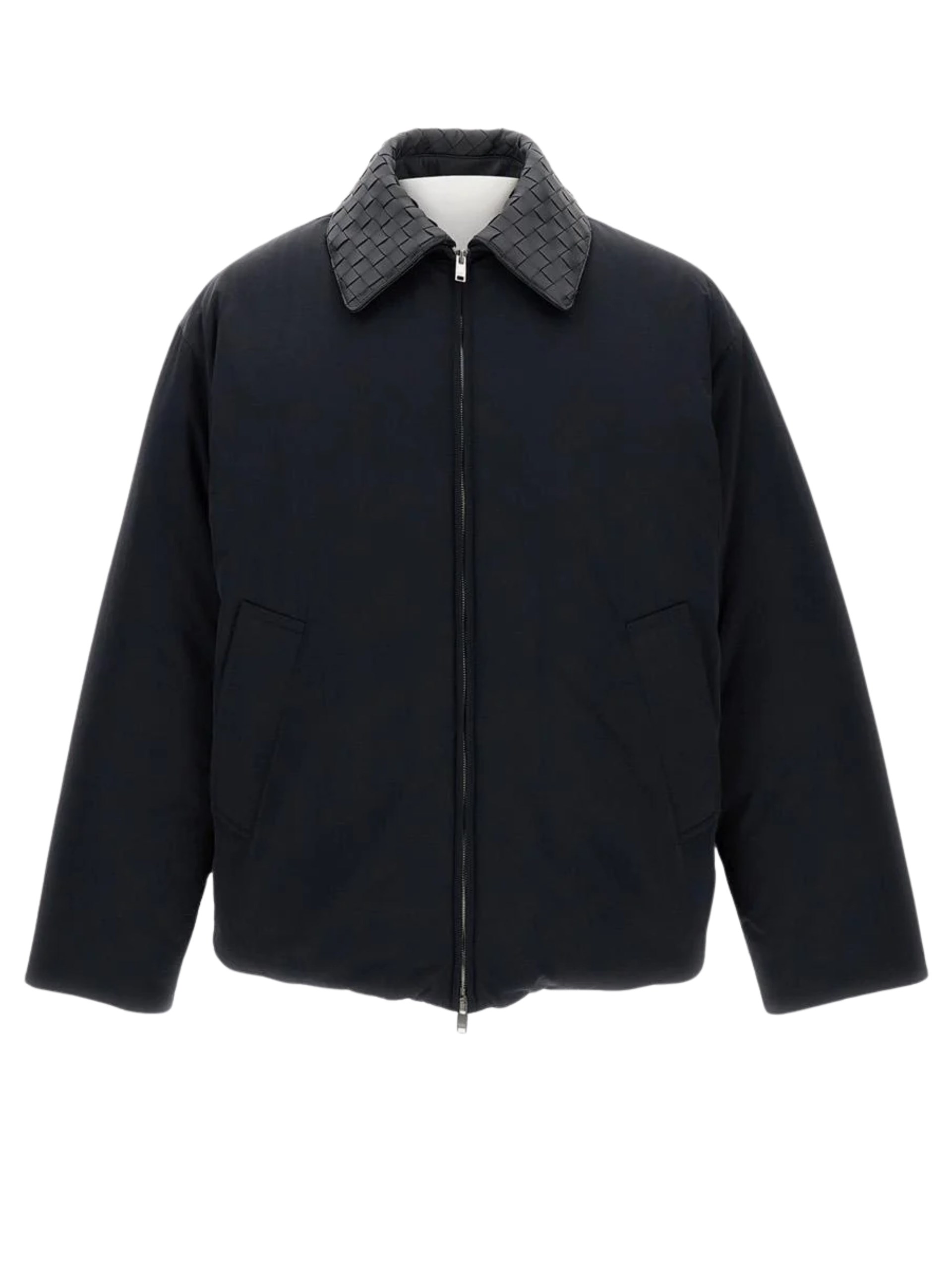 Bottega Veneta Men's Black Jacket with Removable Intrecciato Leather Collar