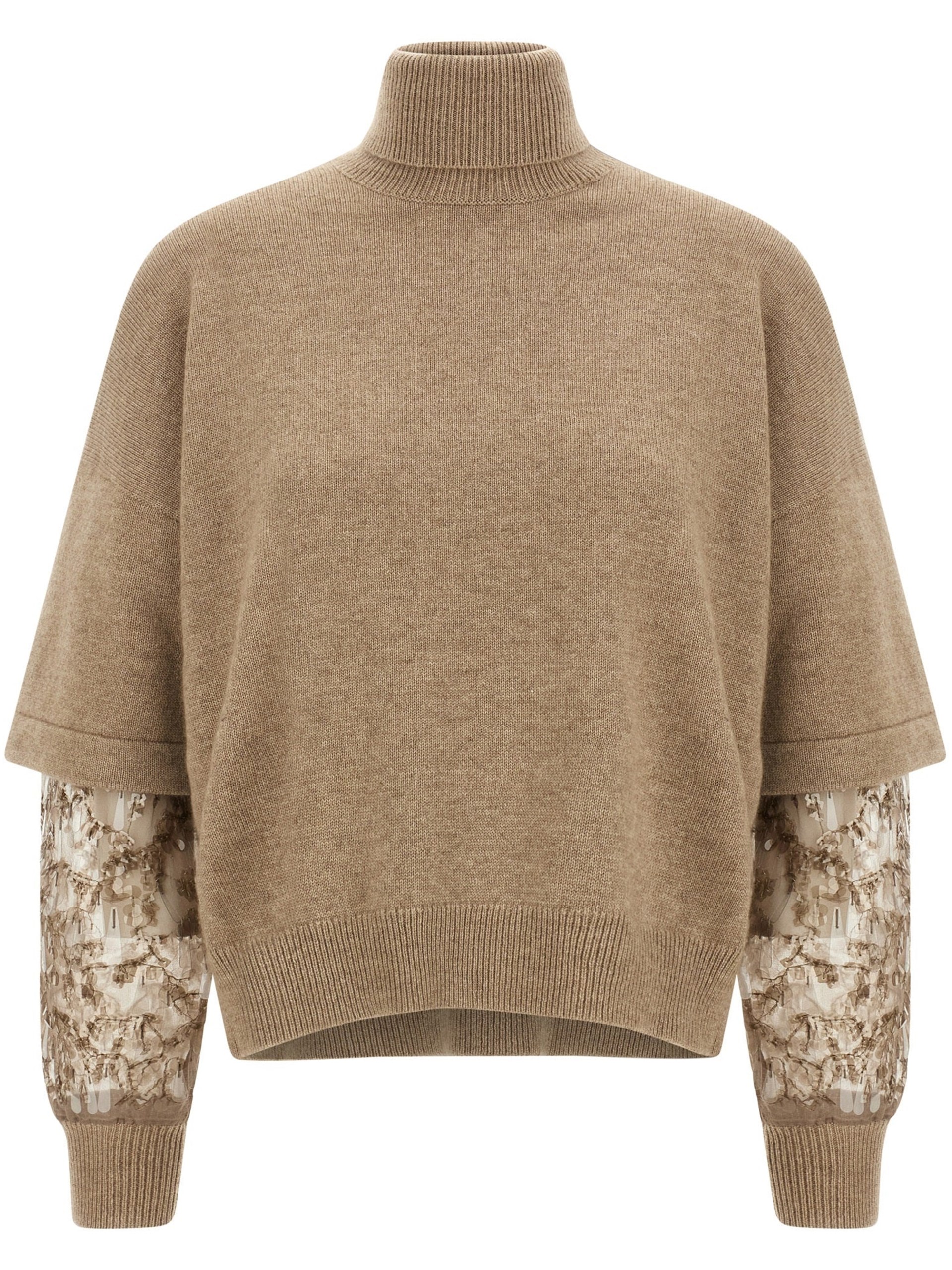 Brunello Cucinelli light brown sweater with sequin sleeves