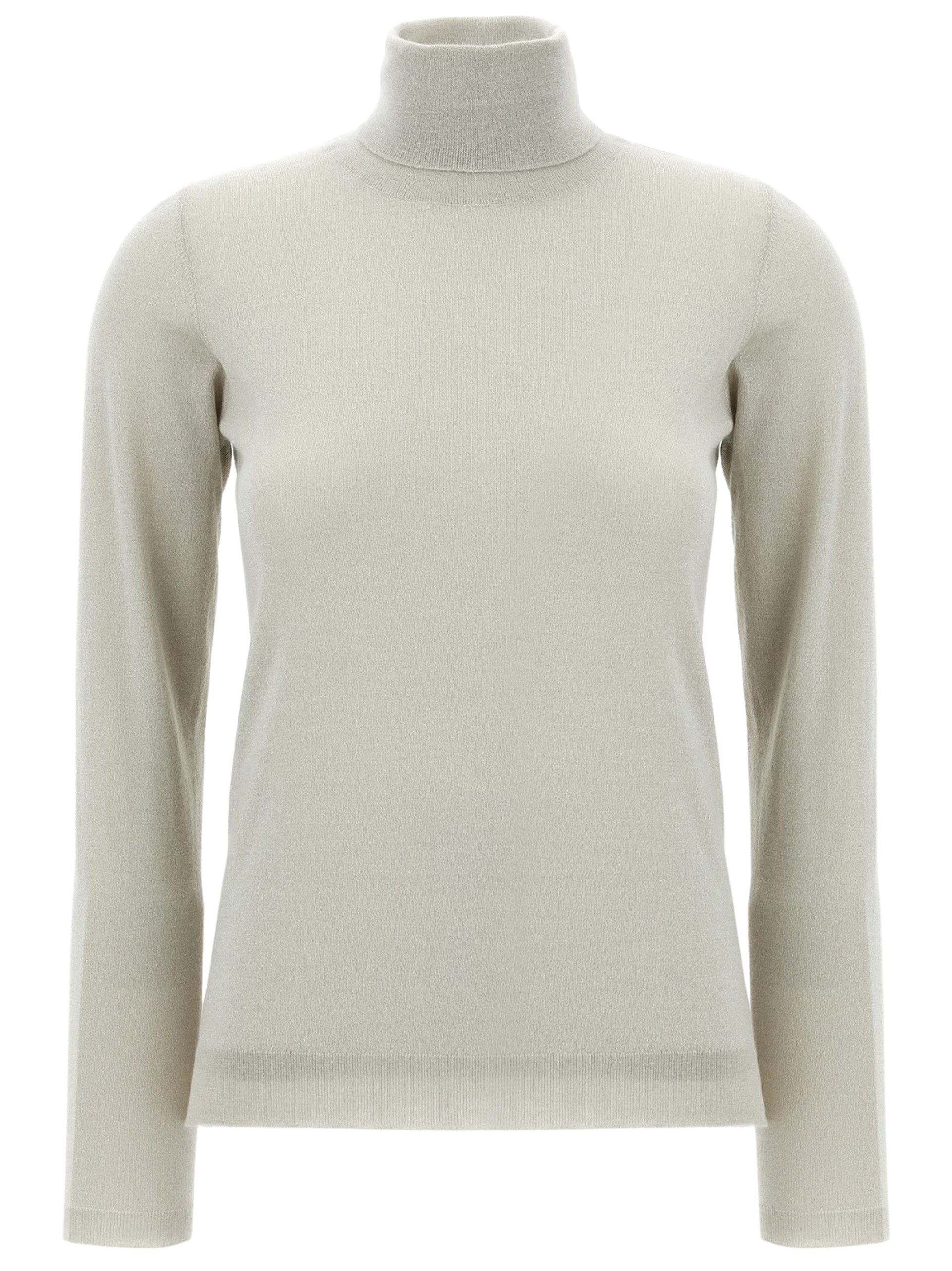 Light gray knit turtleneck by Brunello Cucinelli with shiny details