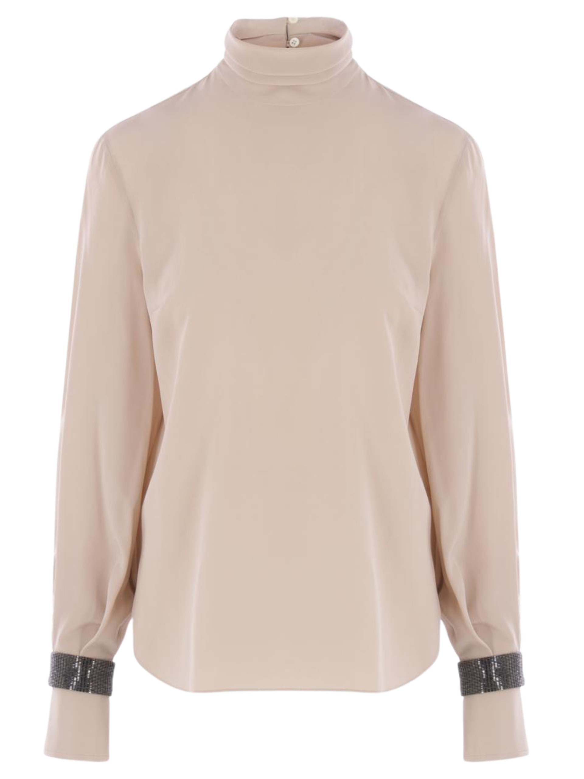 Brunello Cucinelli silk blouse with high collar and embellished cuffs