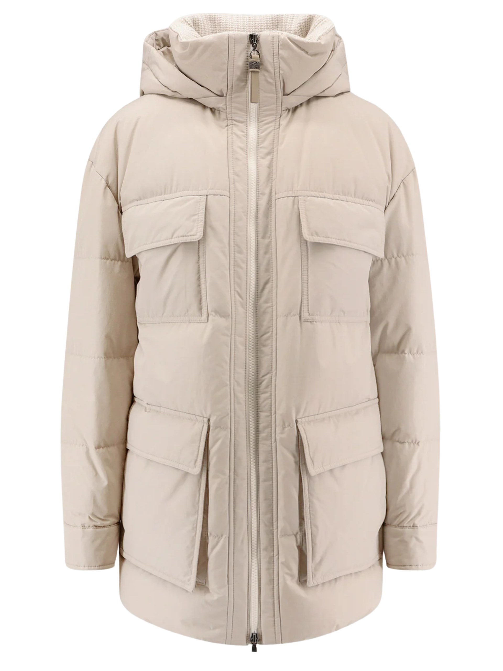 Brunello Cucinelli beige elongated down jacket with hood