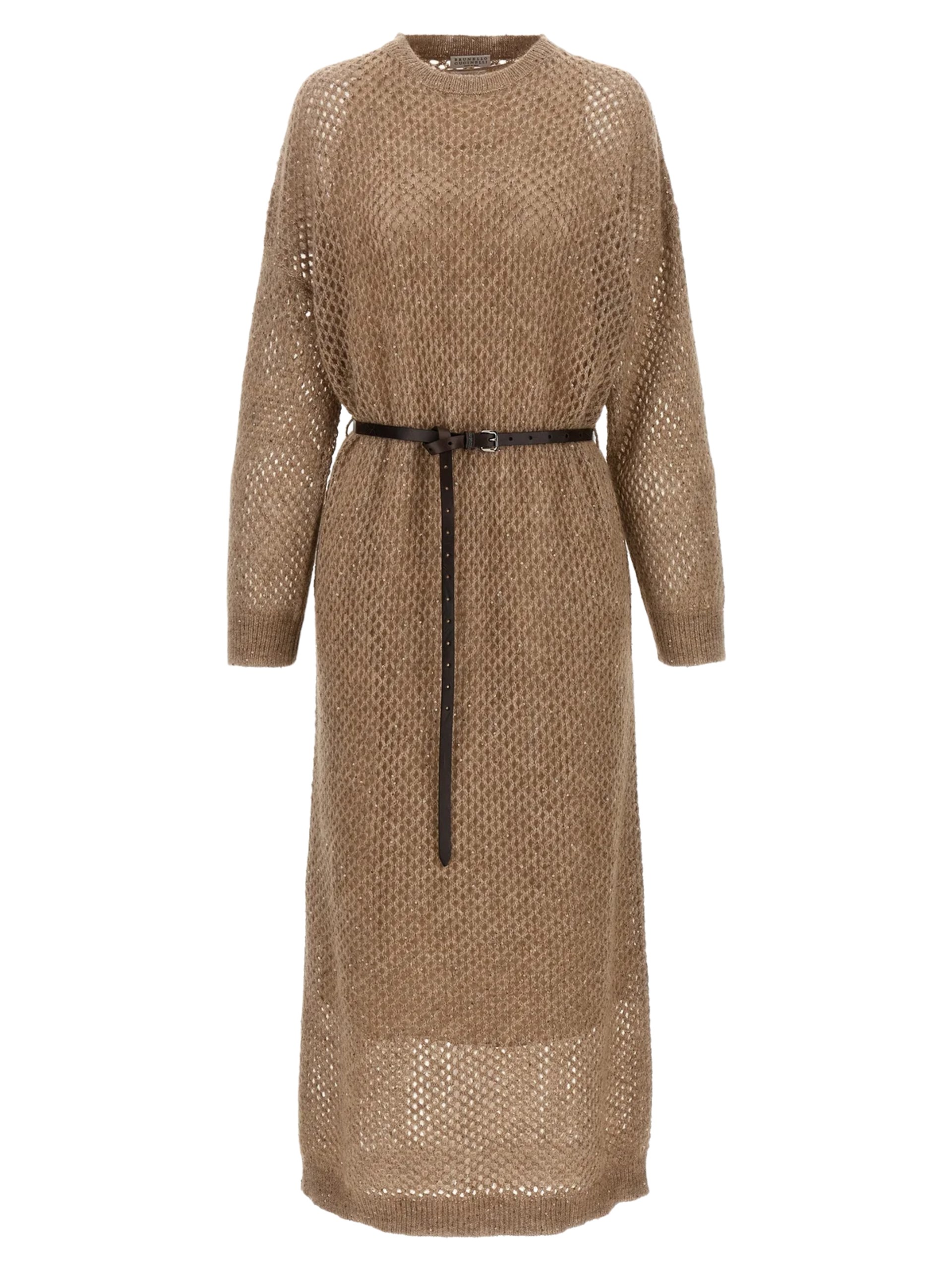 Brunello Cucinelli beige midi dress with mesh strap