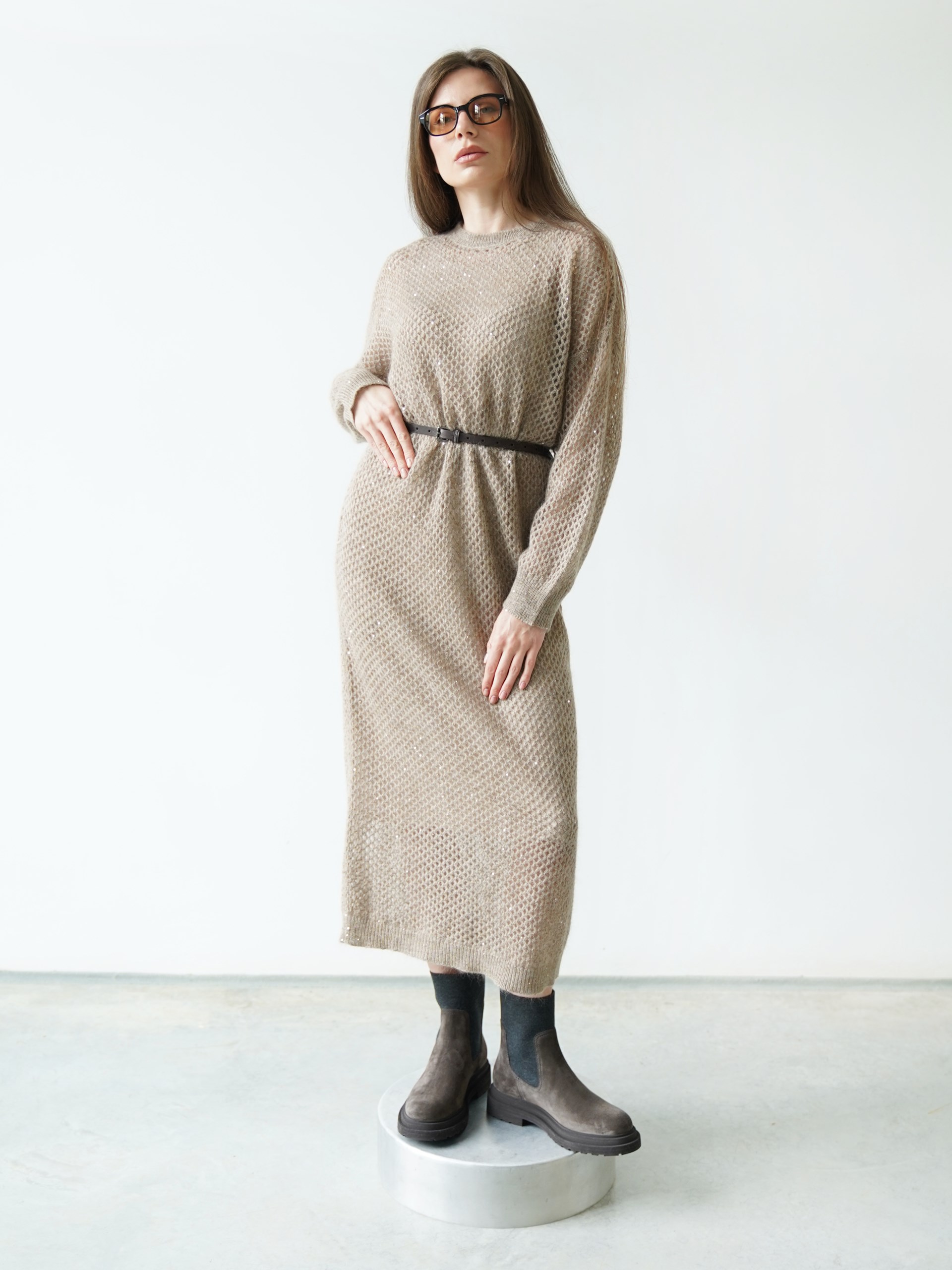 Brunello Cucinelli beige midi dress with mesh strap
