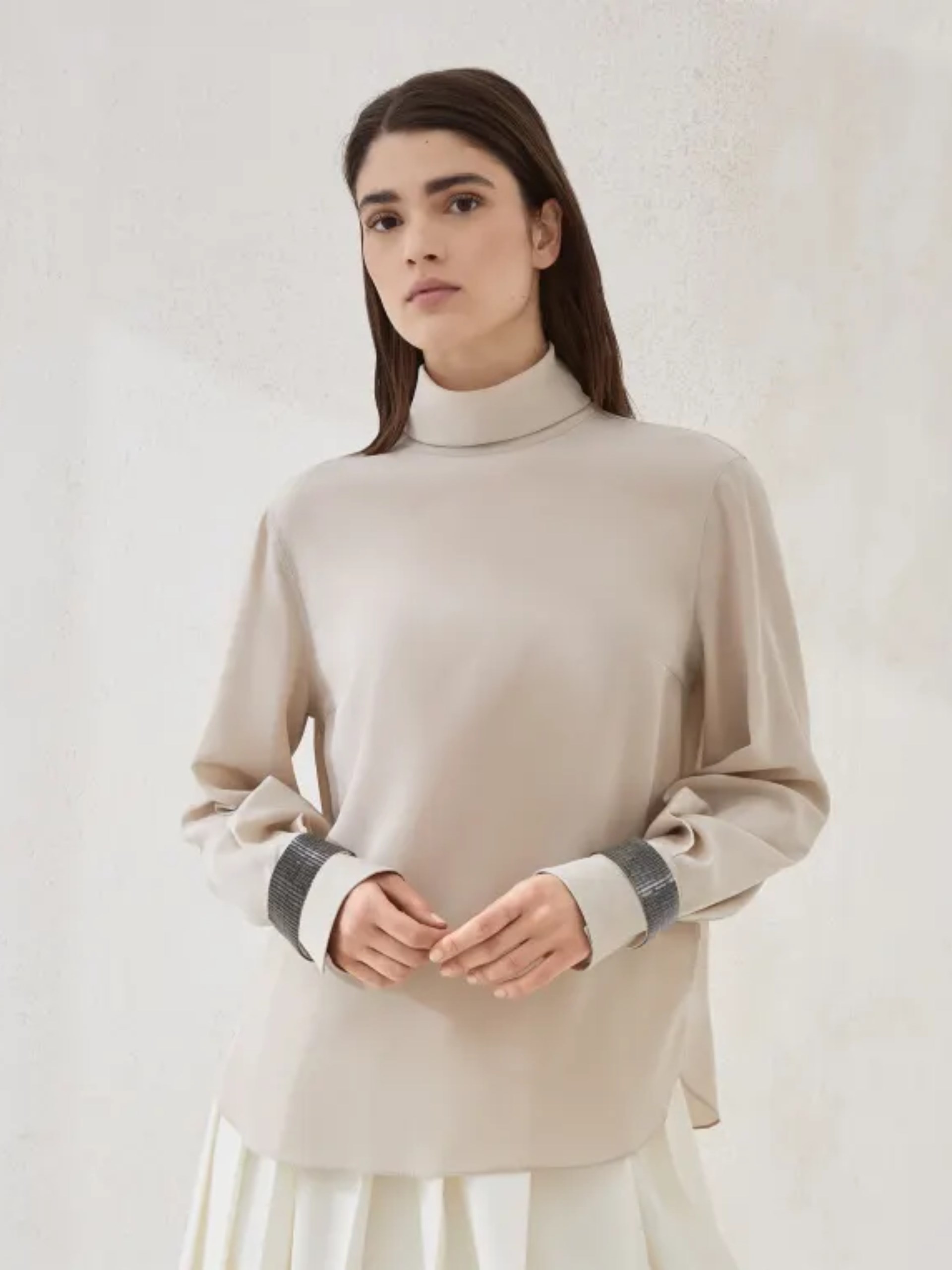 Brunello Cucinelli silk blouse with high collar and embellished cuffs