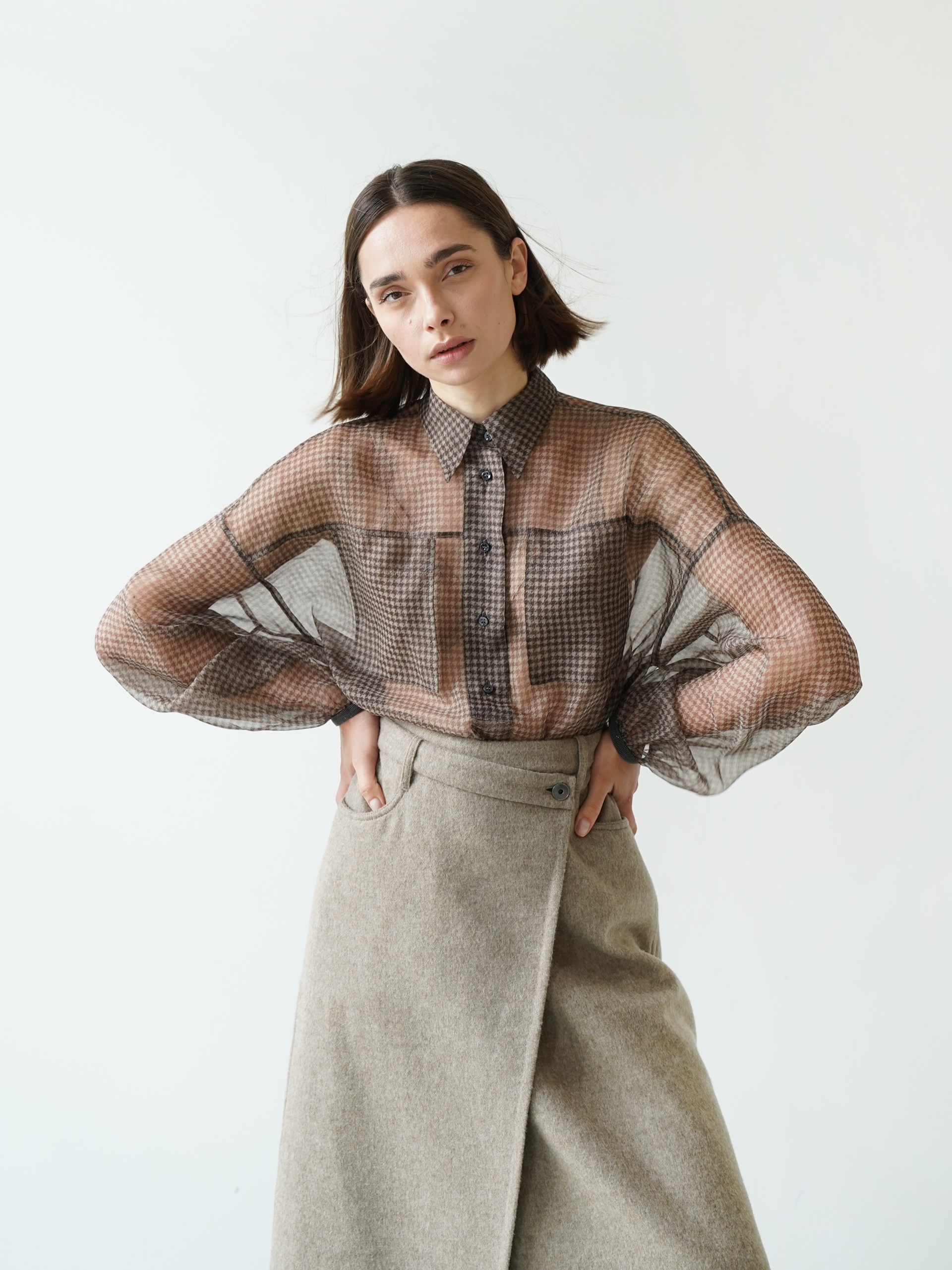 Brunello Cucinelli brown translucent silk shirt