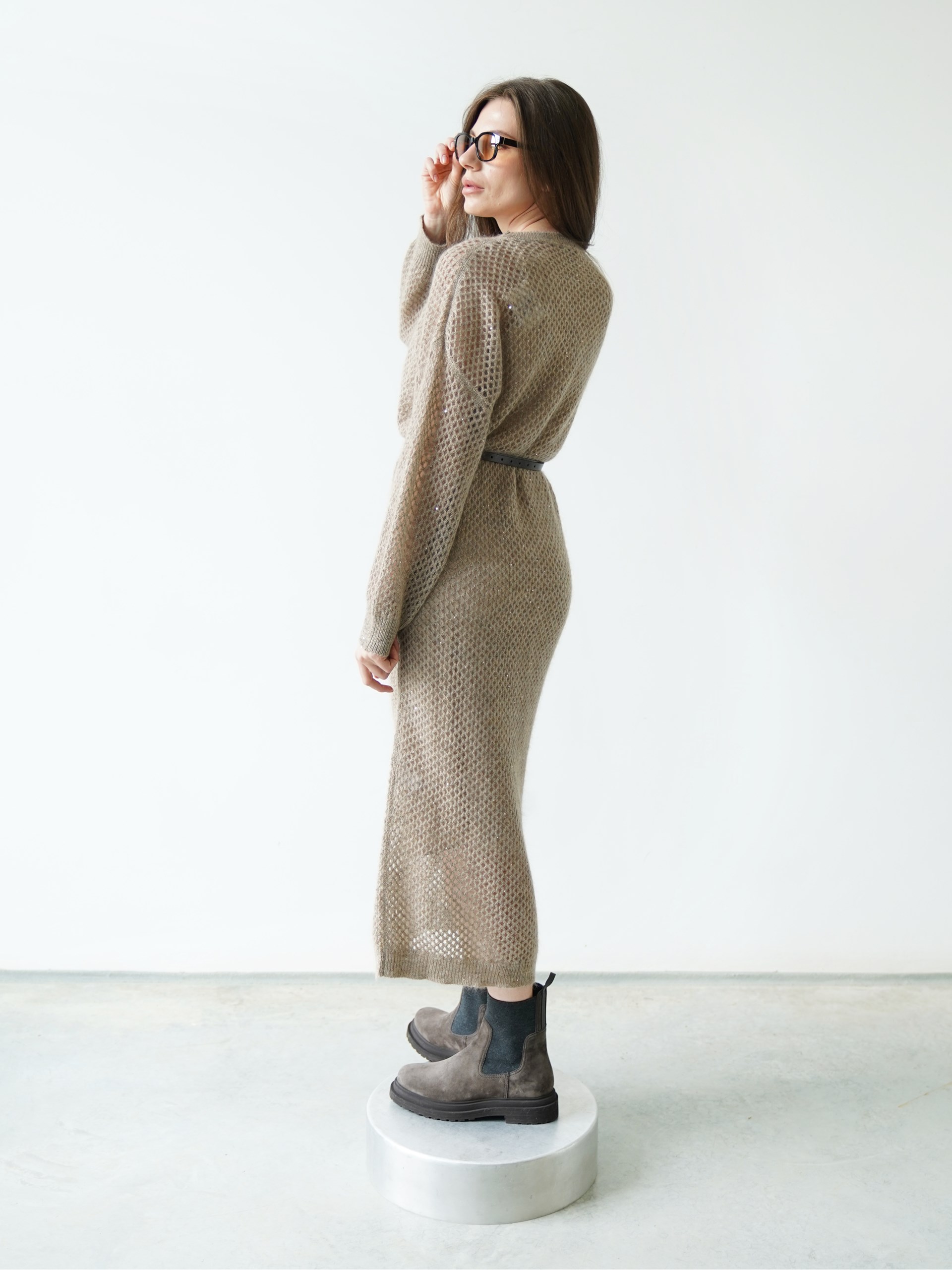 Brunello Cucinelli beige midi dress with mesh strap