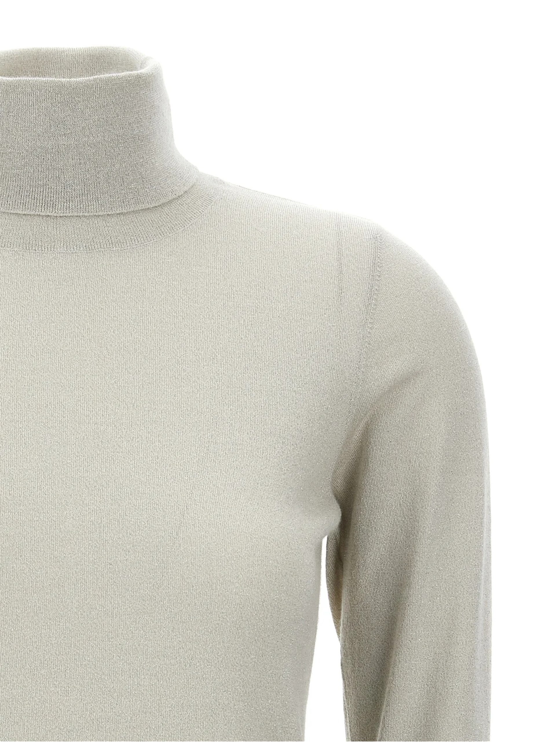 Light gray knit turtleneck by Brunello Cucinelli with shiny details