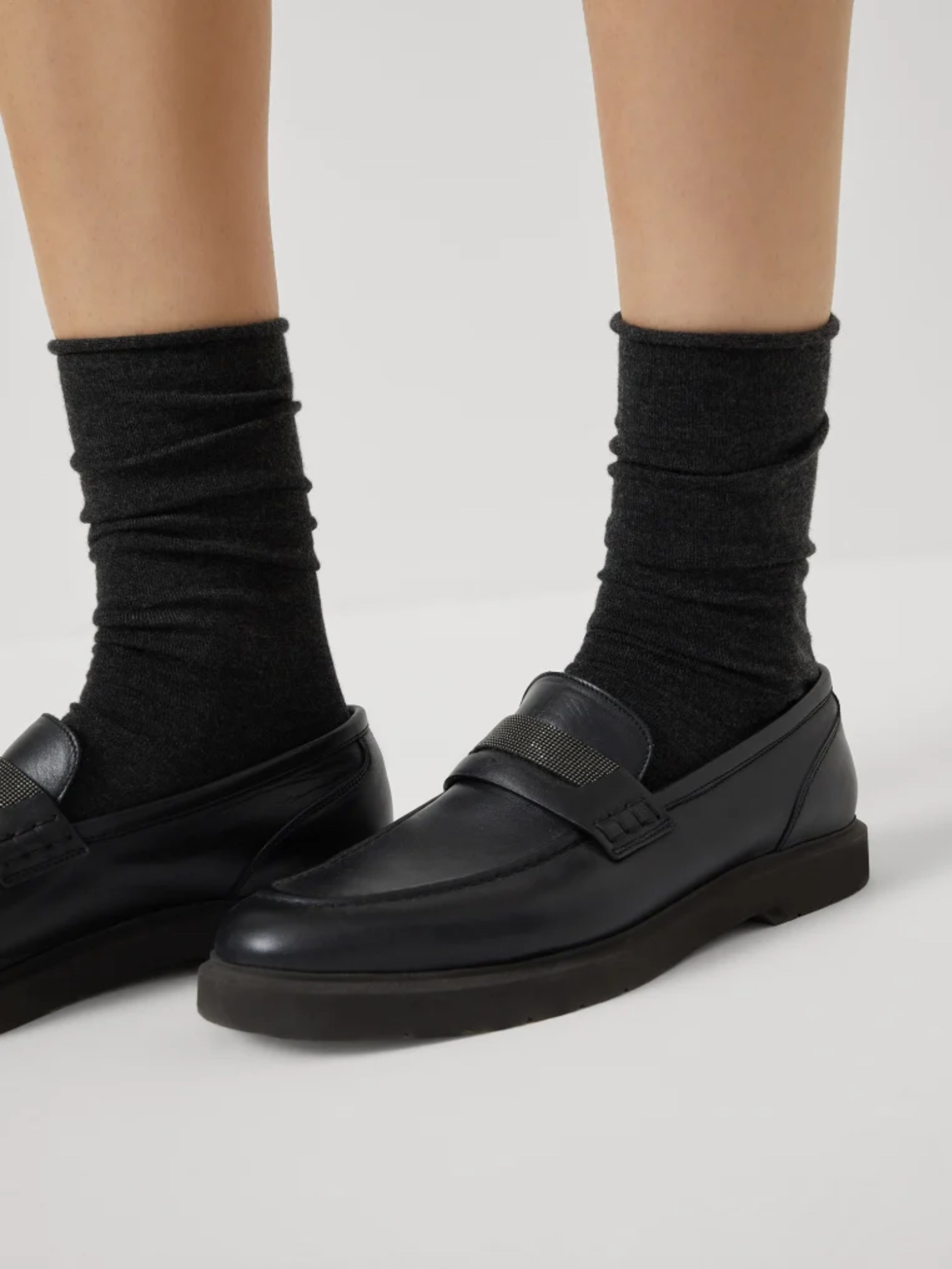 Brunello Cucinelli dark grey knit socks in stretch cashmere