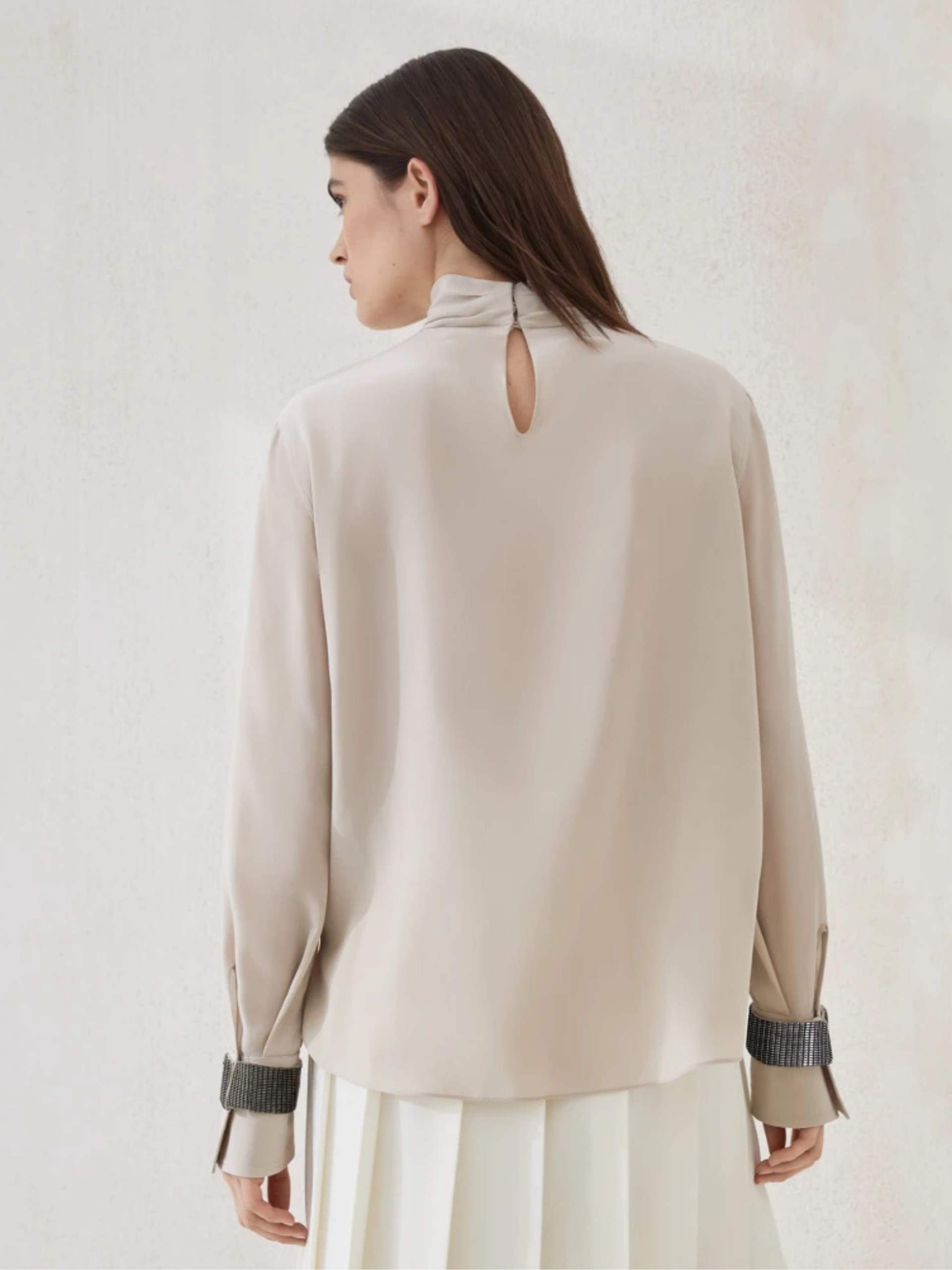 Brunello Cucinelli silk blouse with high collar and embellished cuffs