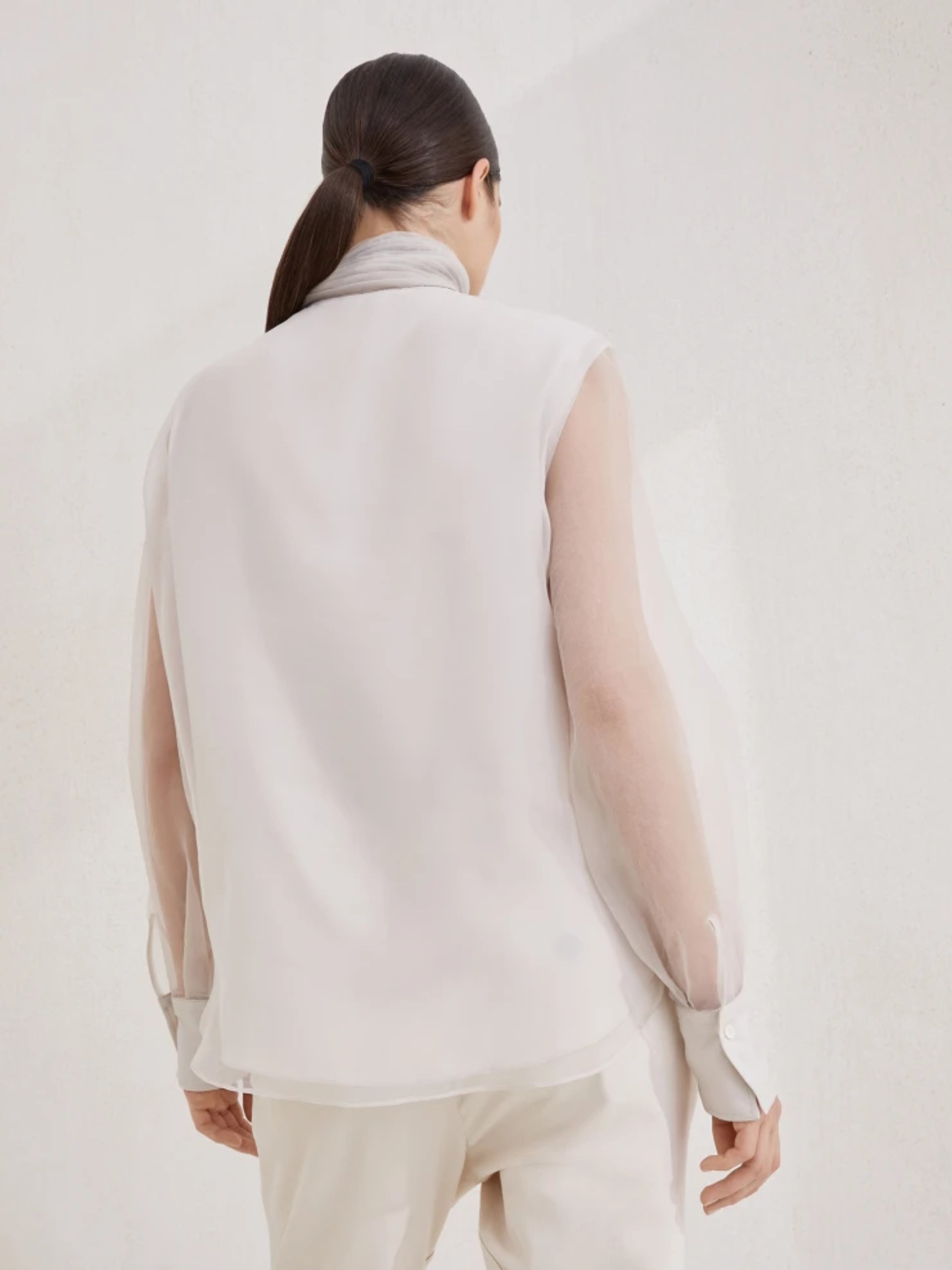 Brunello Cucinelli light beige silk blouse with translucent sleeves