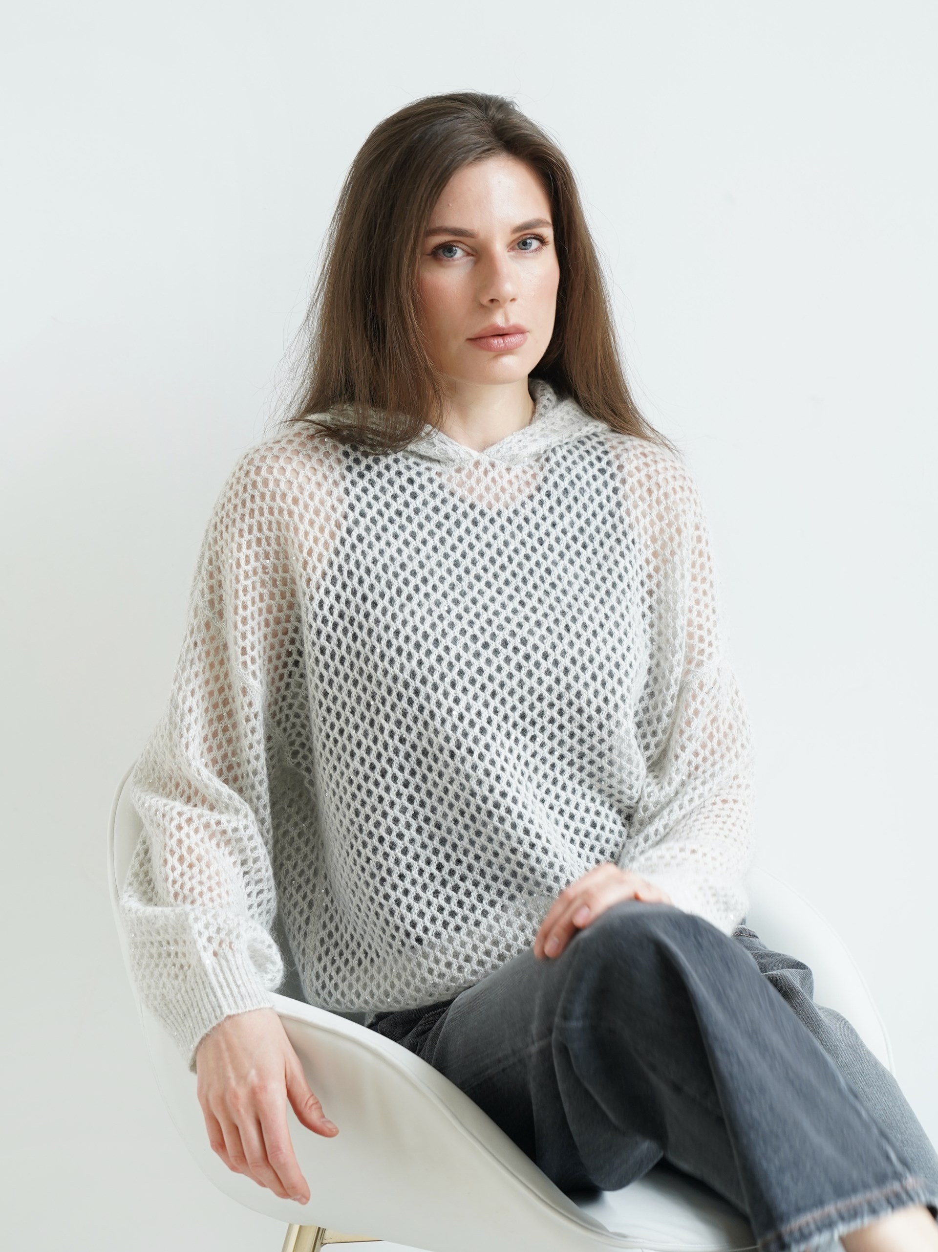 Brunello Cucinelli light gray mesh hoodie