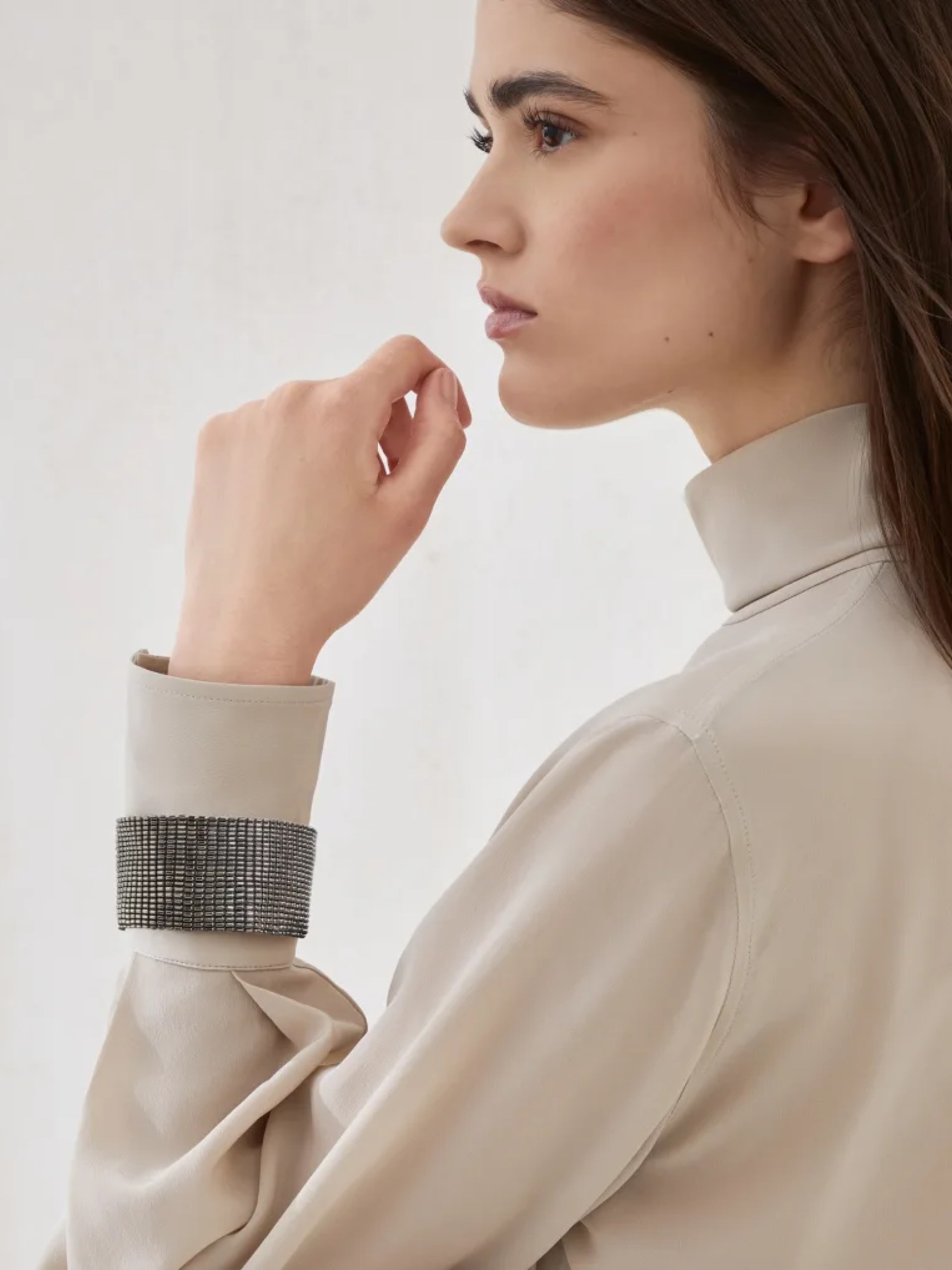 Brunello Cucinelli silk blouse with high collar and embellished cuffs