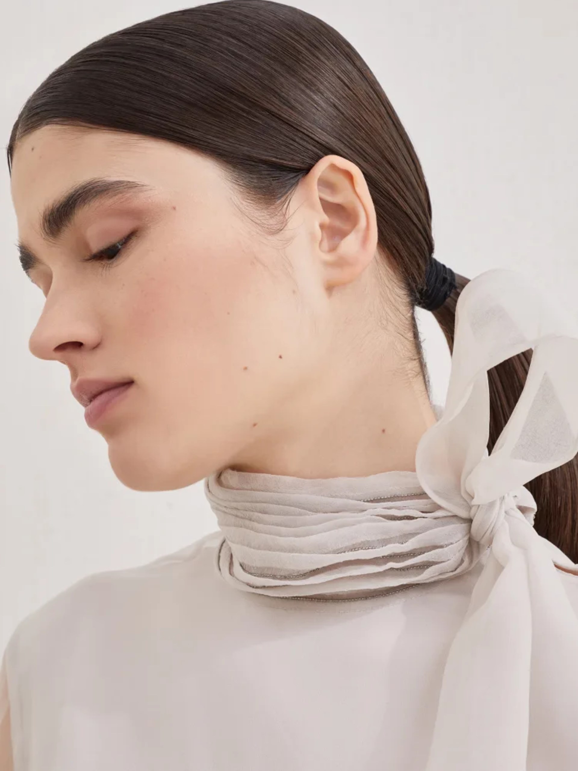 Brunello Cucinelli light beige silk blouse with translucent sleeves