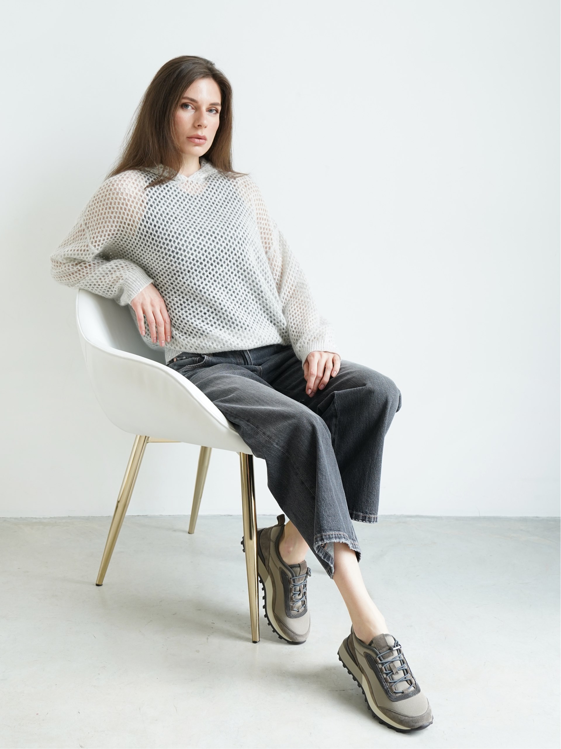 Brunello Cucinelli light gray mesh hoodie