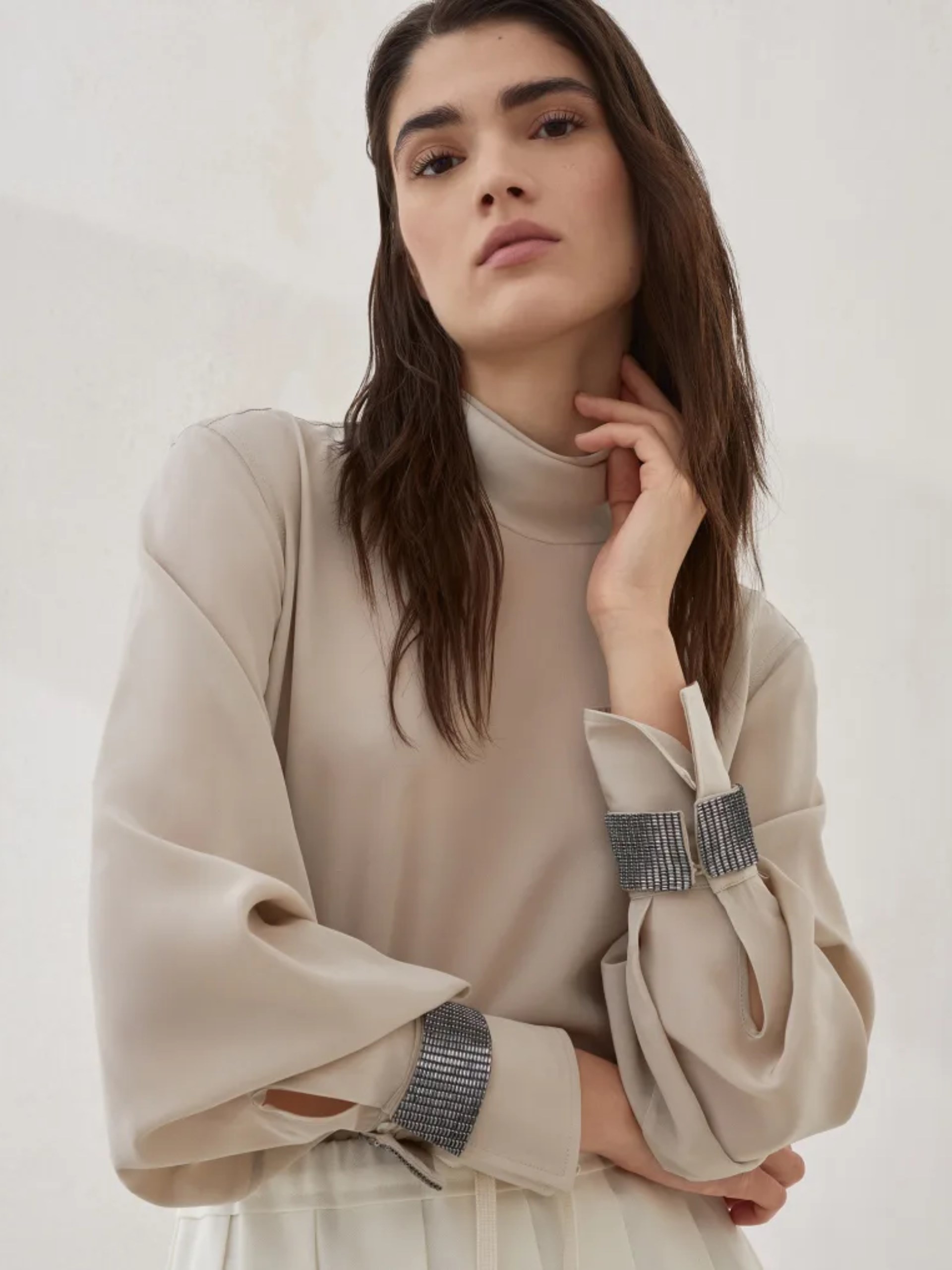 Brunello Cucinelli silk blouse with high collar and embellished cuffs