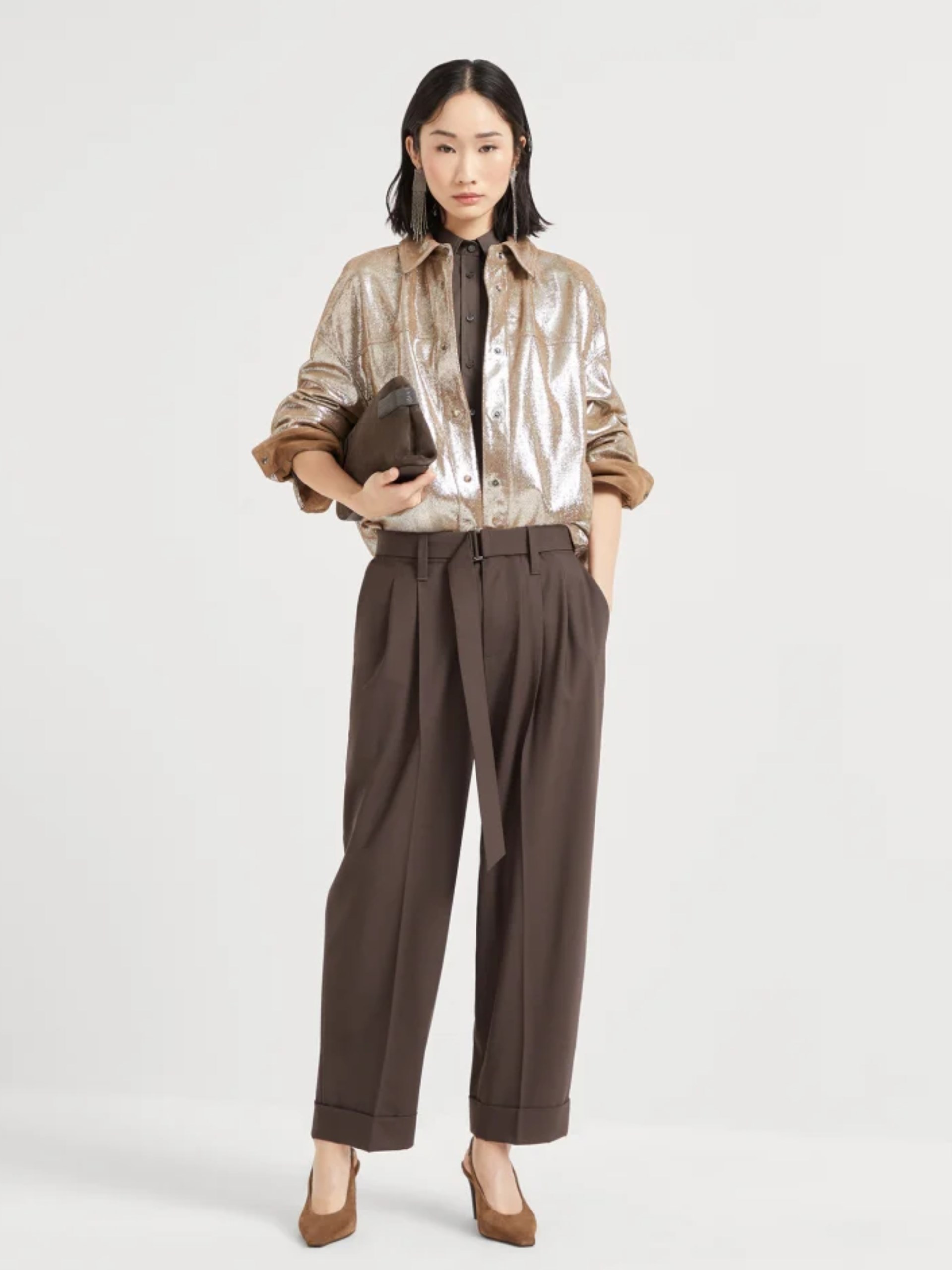 Brunello Cucinelli brown shirt with elegant removable straps