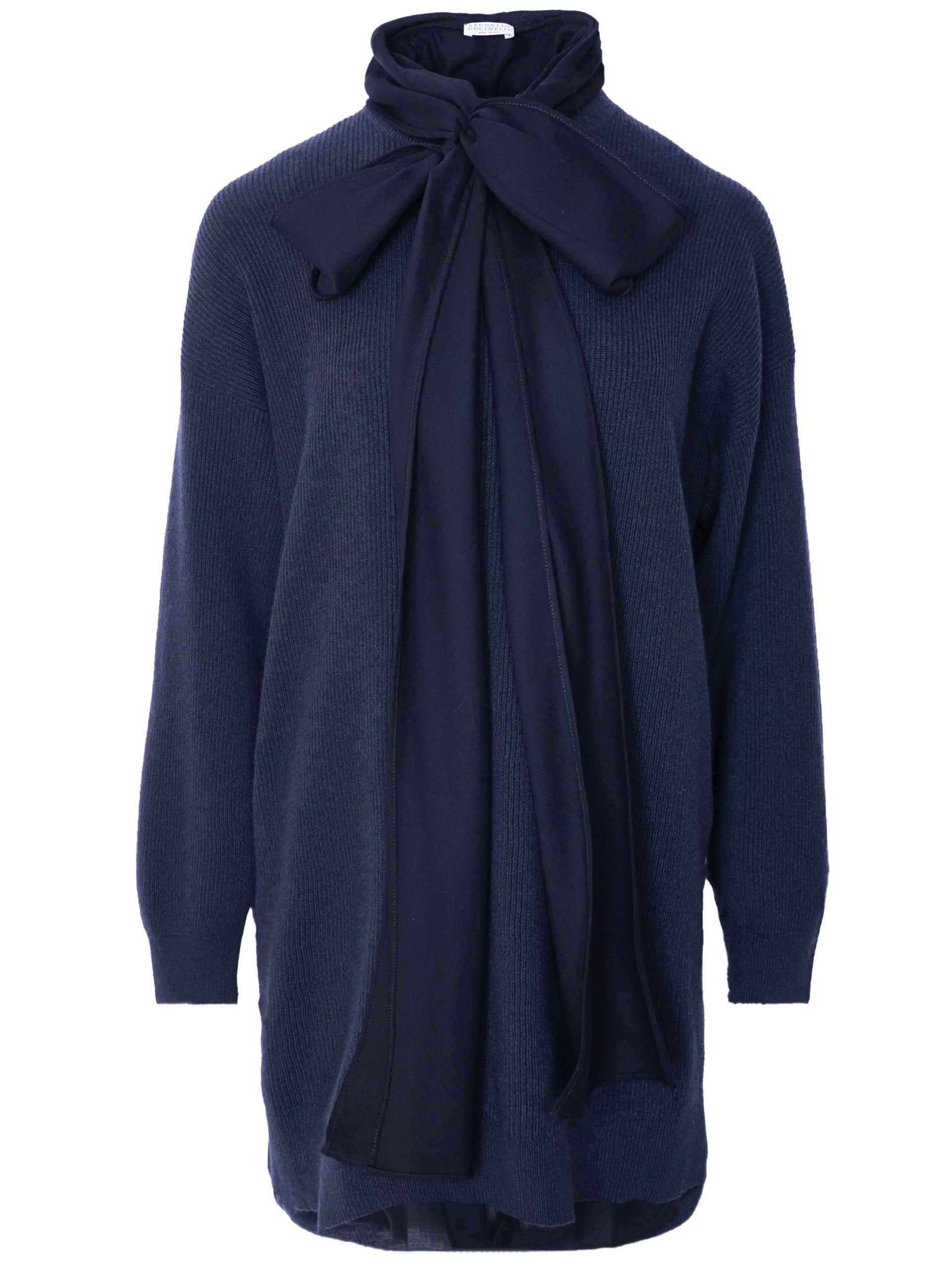 Brunello Cucinelli navy blue knitted mini dress with a lavalier