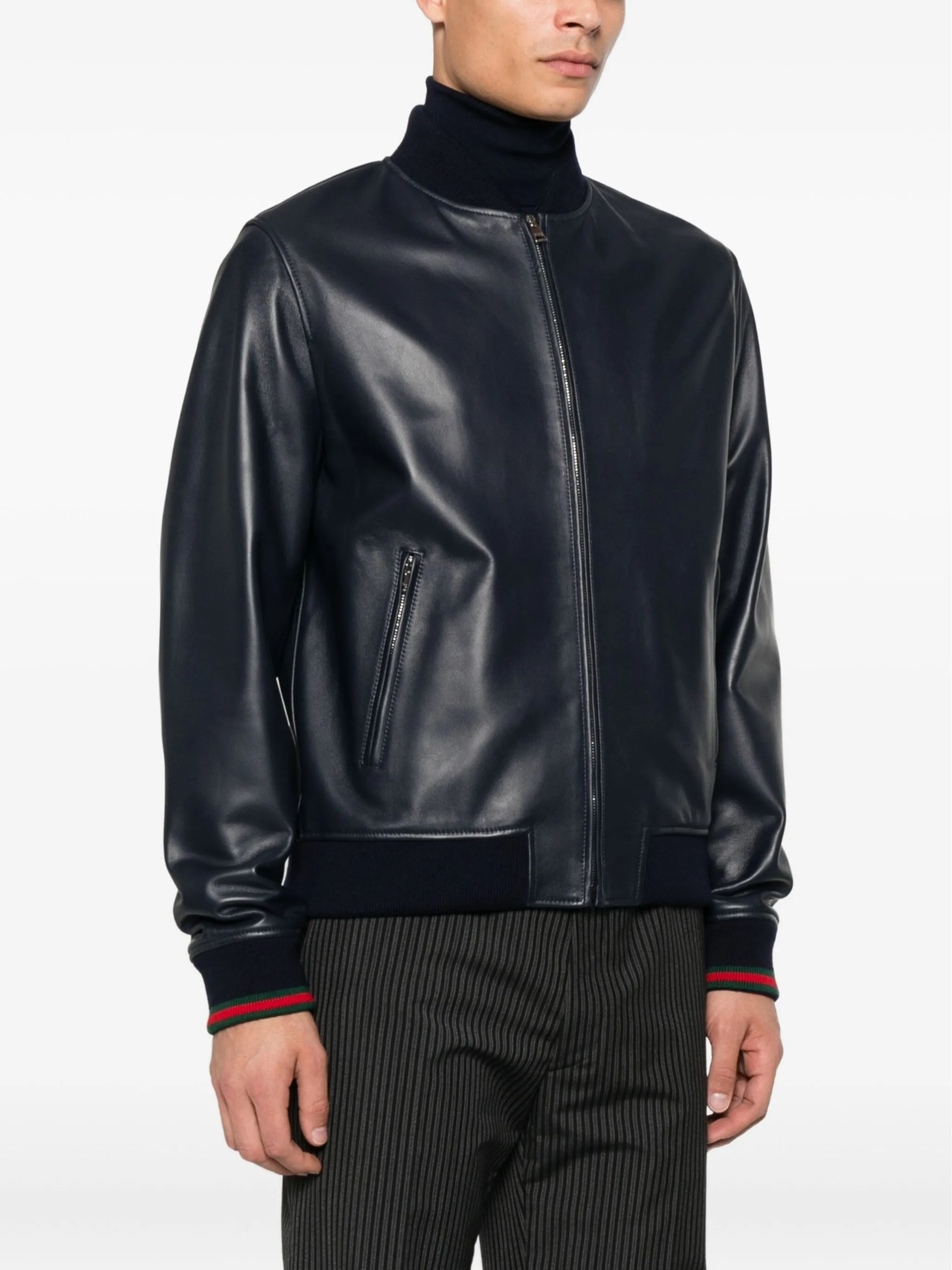 Men's navy Gucci leather bomber jacket