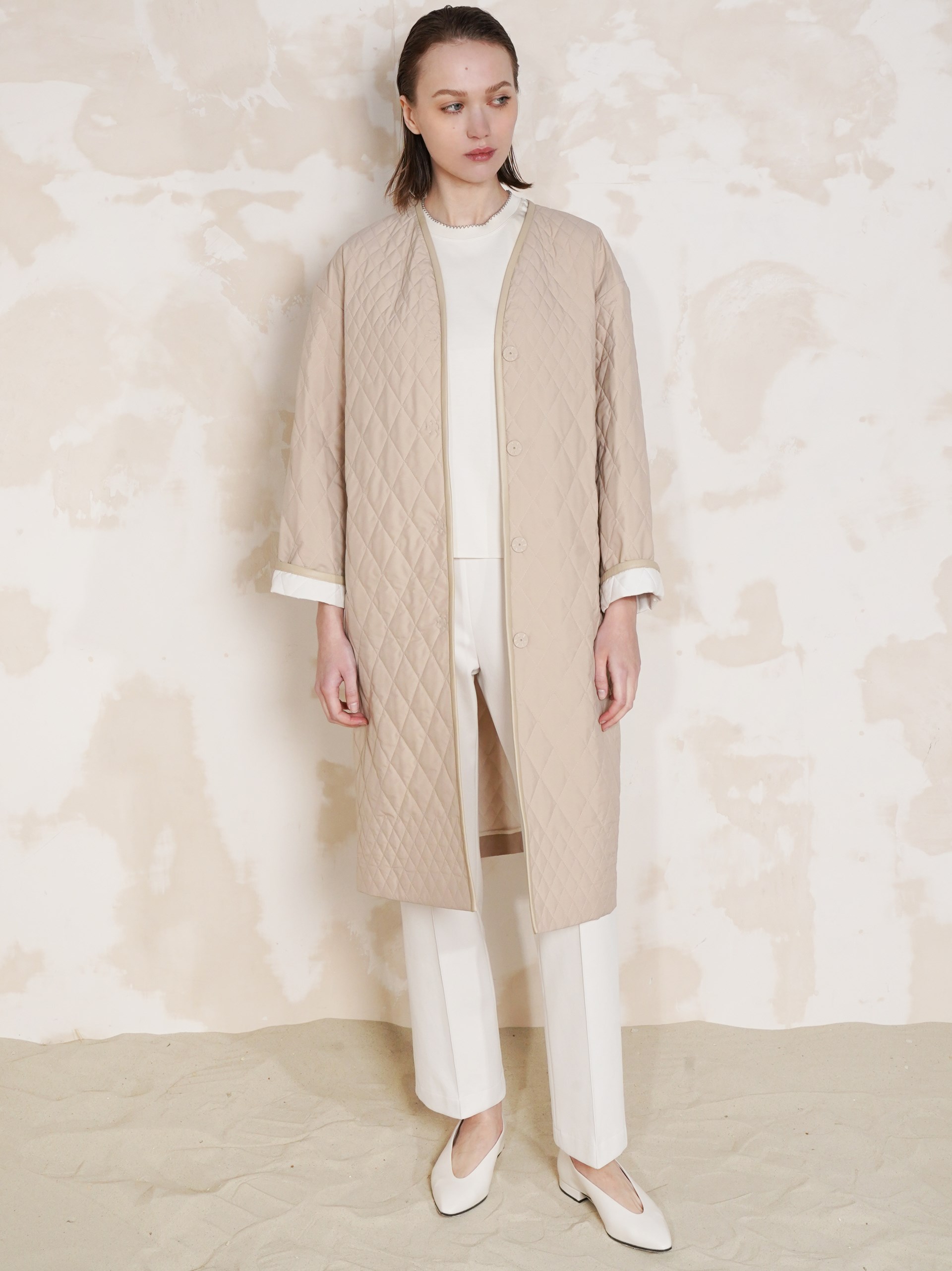 Agnona beige quilted coat with leather details