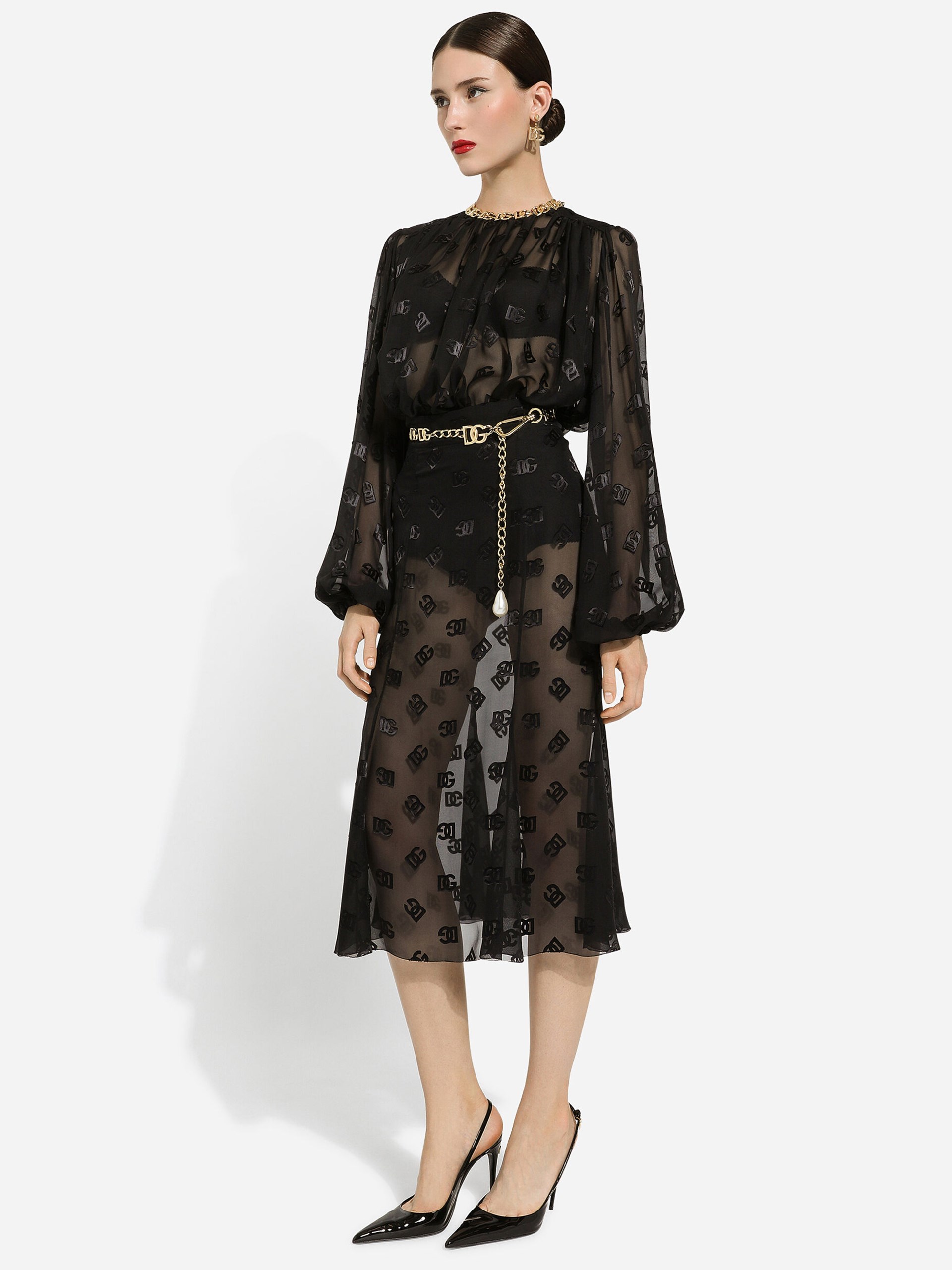 Dolce&Gabbana Devoré black satin skirt gode with logo