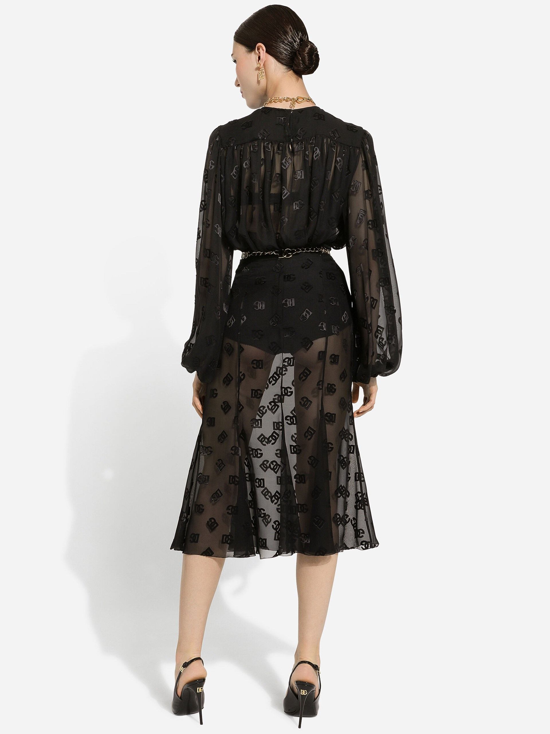 Dolce&Gabbana Devoré black satin skirt gode with logo