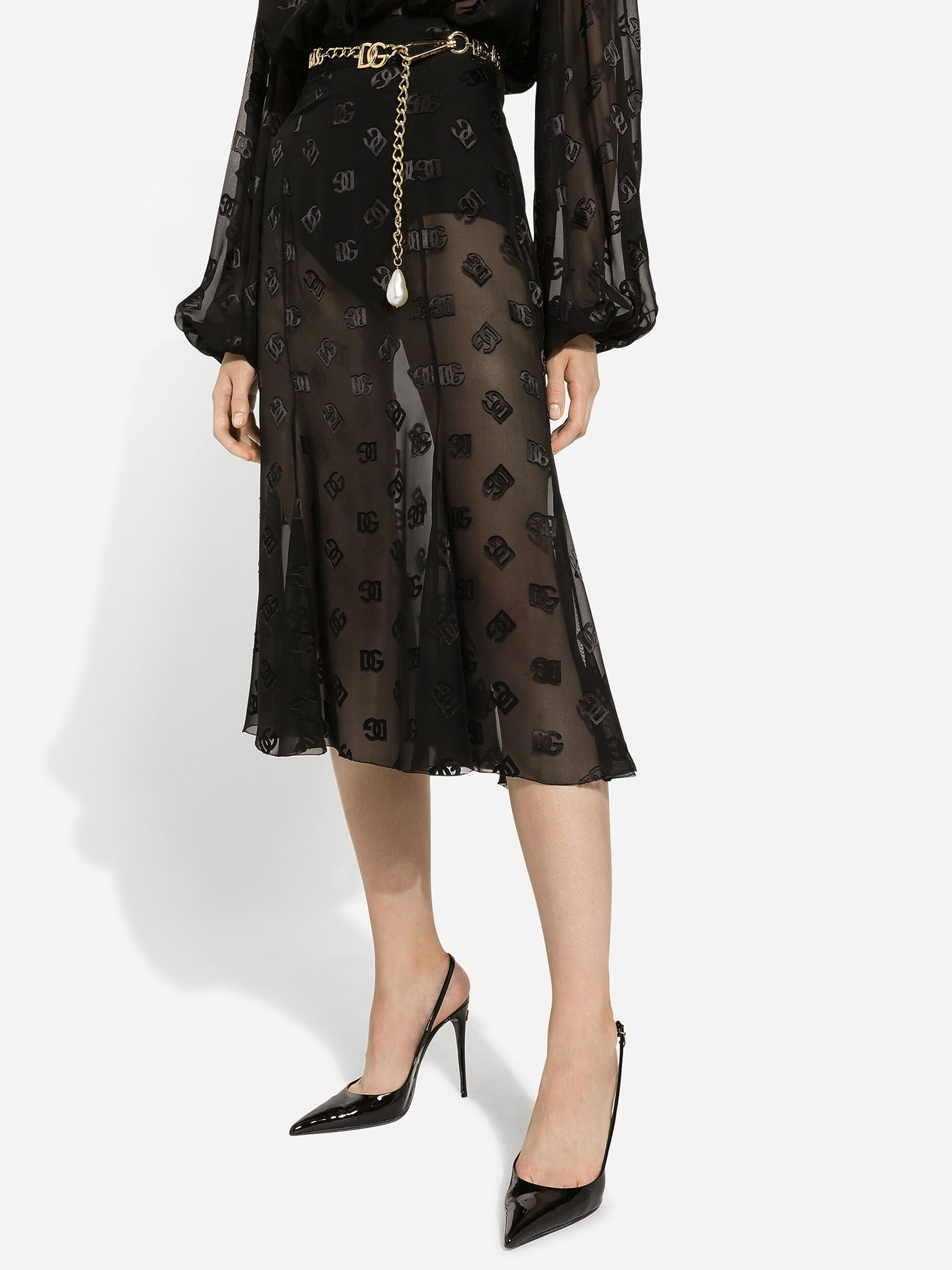 Dolce&Gabbana Devoré black satin skirt gode with logo