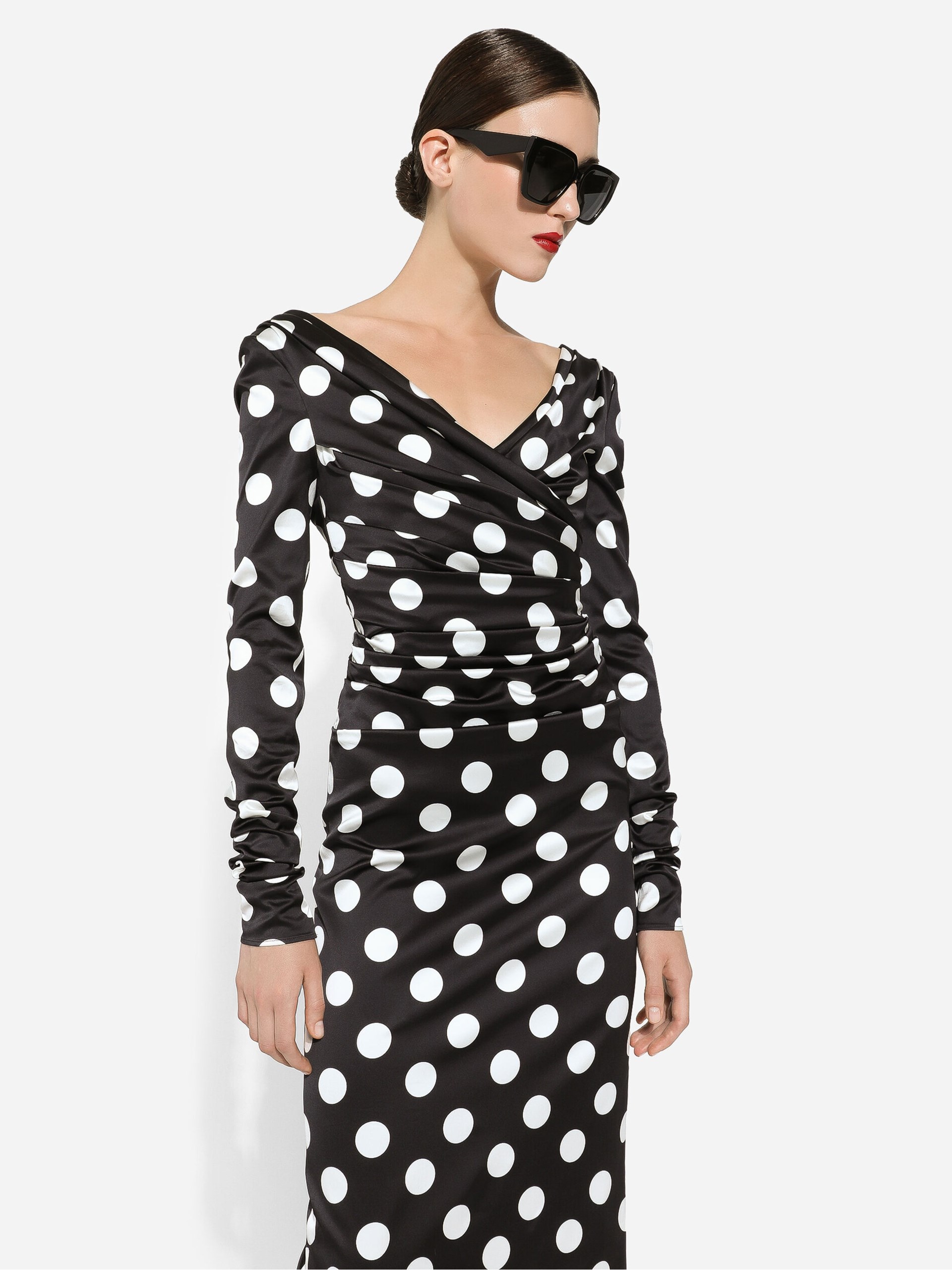 Dolce&Gabbana black satin midi dress in polka dot print