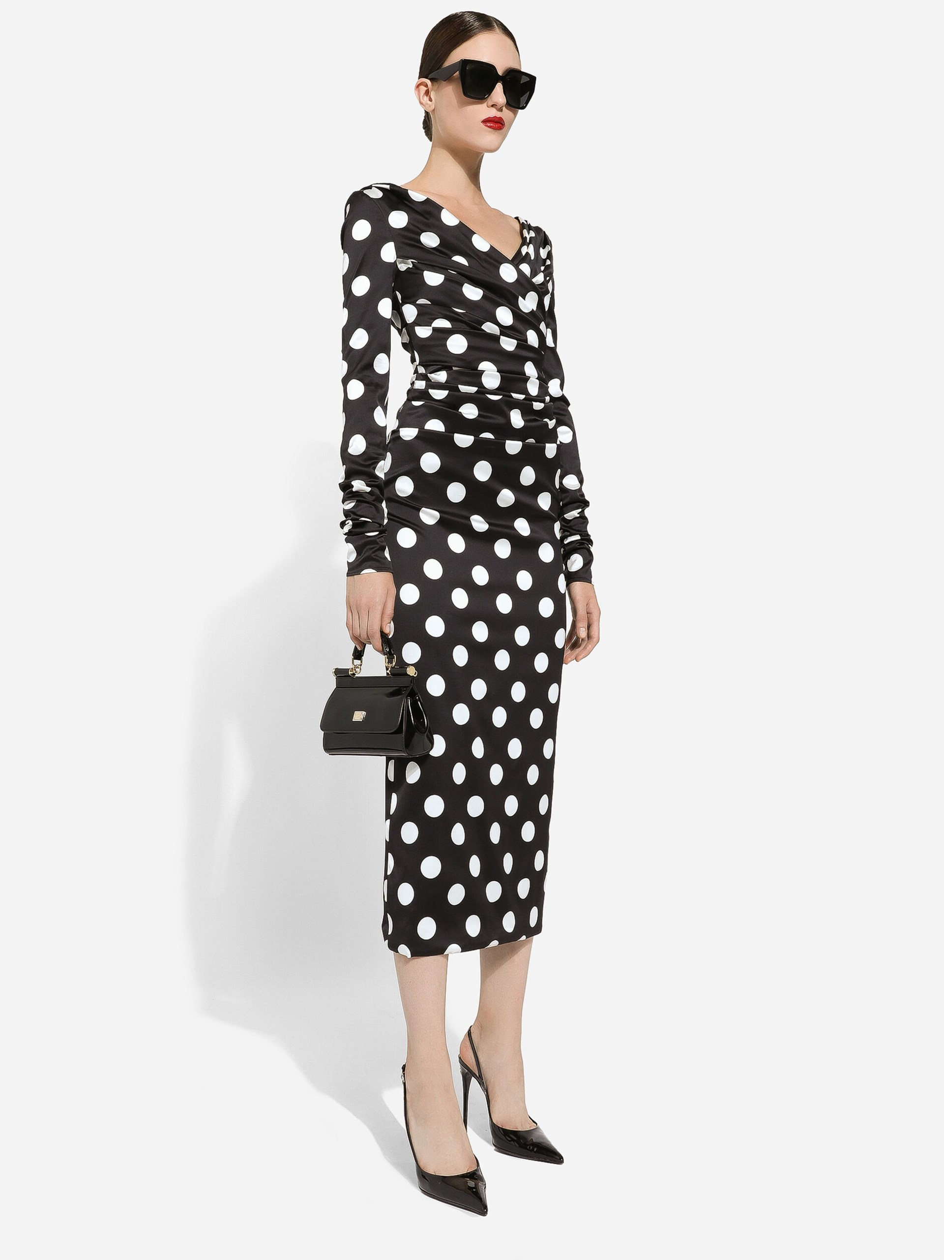 Dolce&Gabbana black satin midi dress in polka dot print