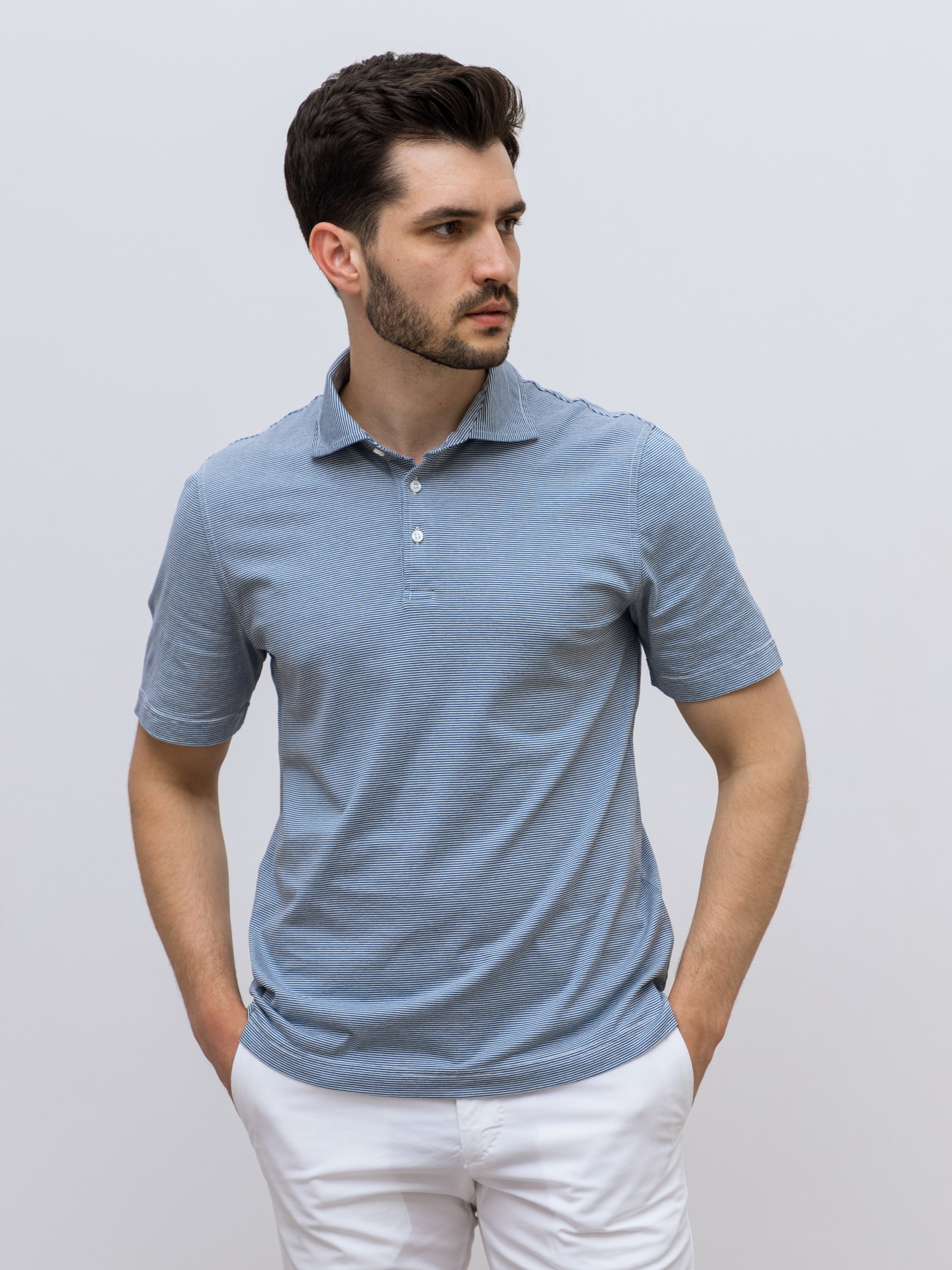 Fedeli Zero polo in striped linen-cotton blend