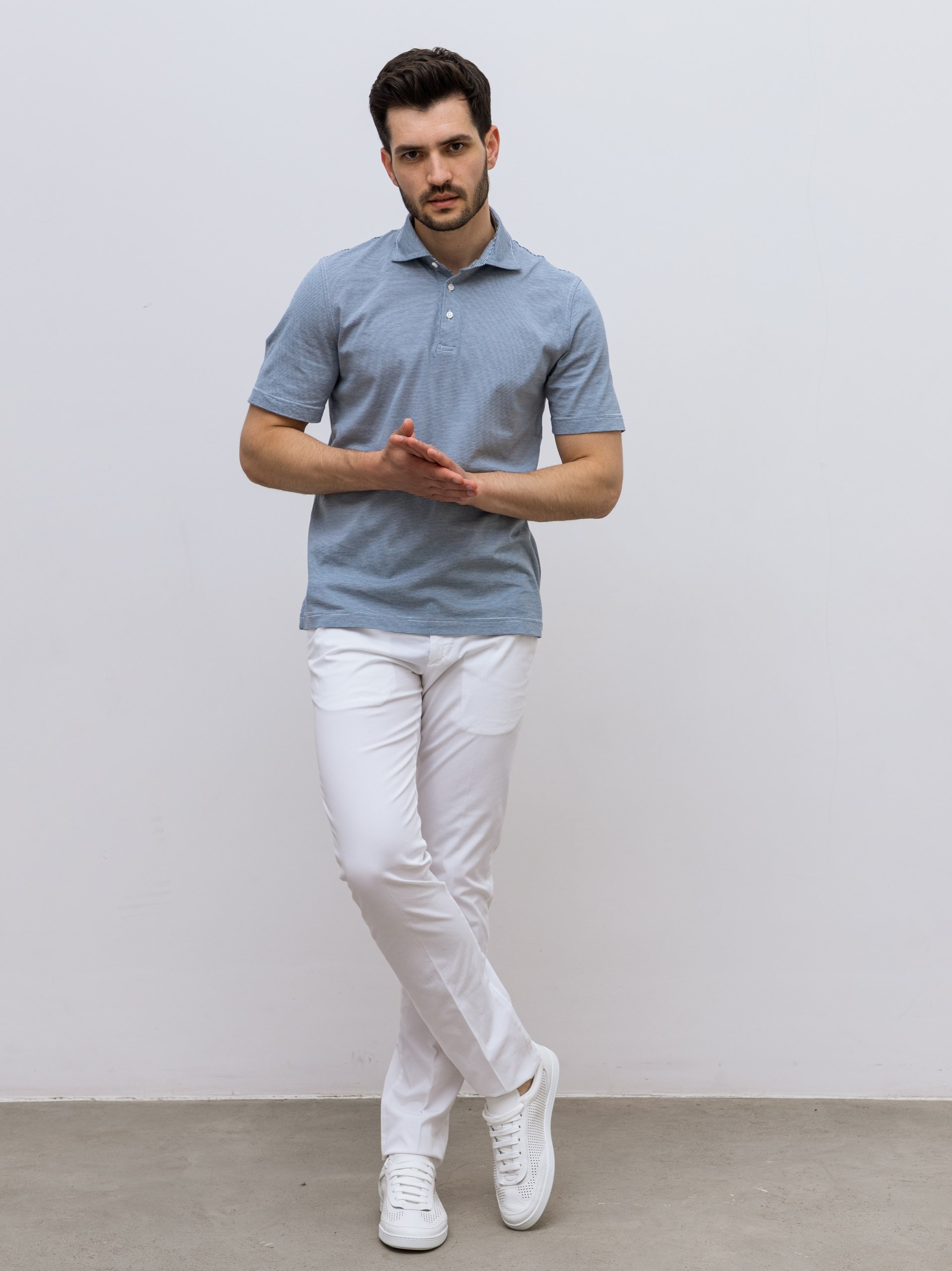 Fedeli Zero polo in striped linen-cotton blend