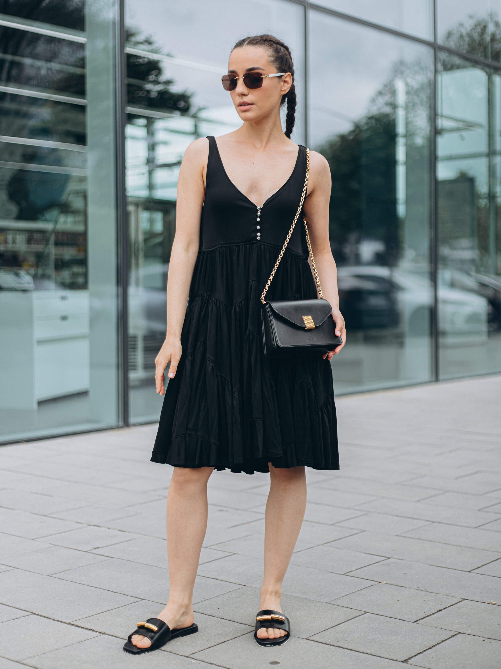 Lanvin black sleeveless pleated mini dress