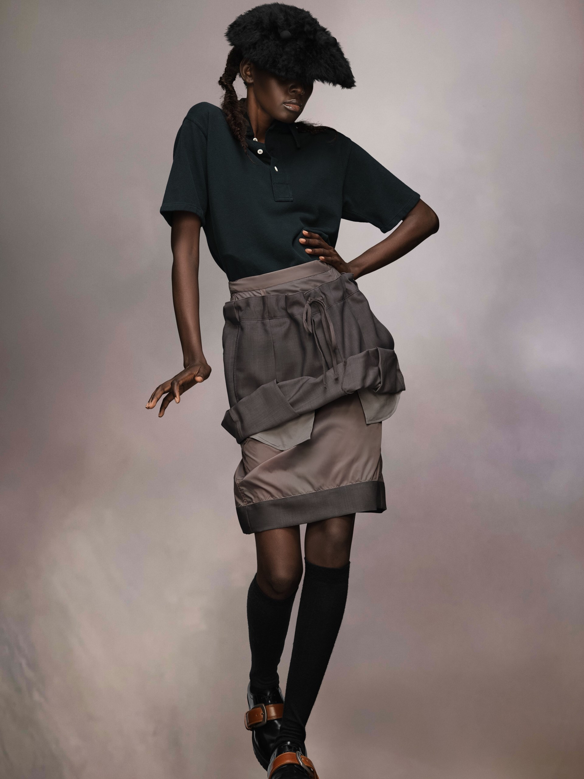 Maison Margiela midi-length taupe skirt made of combined fabrics