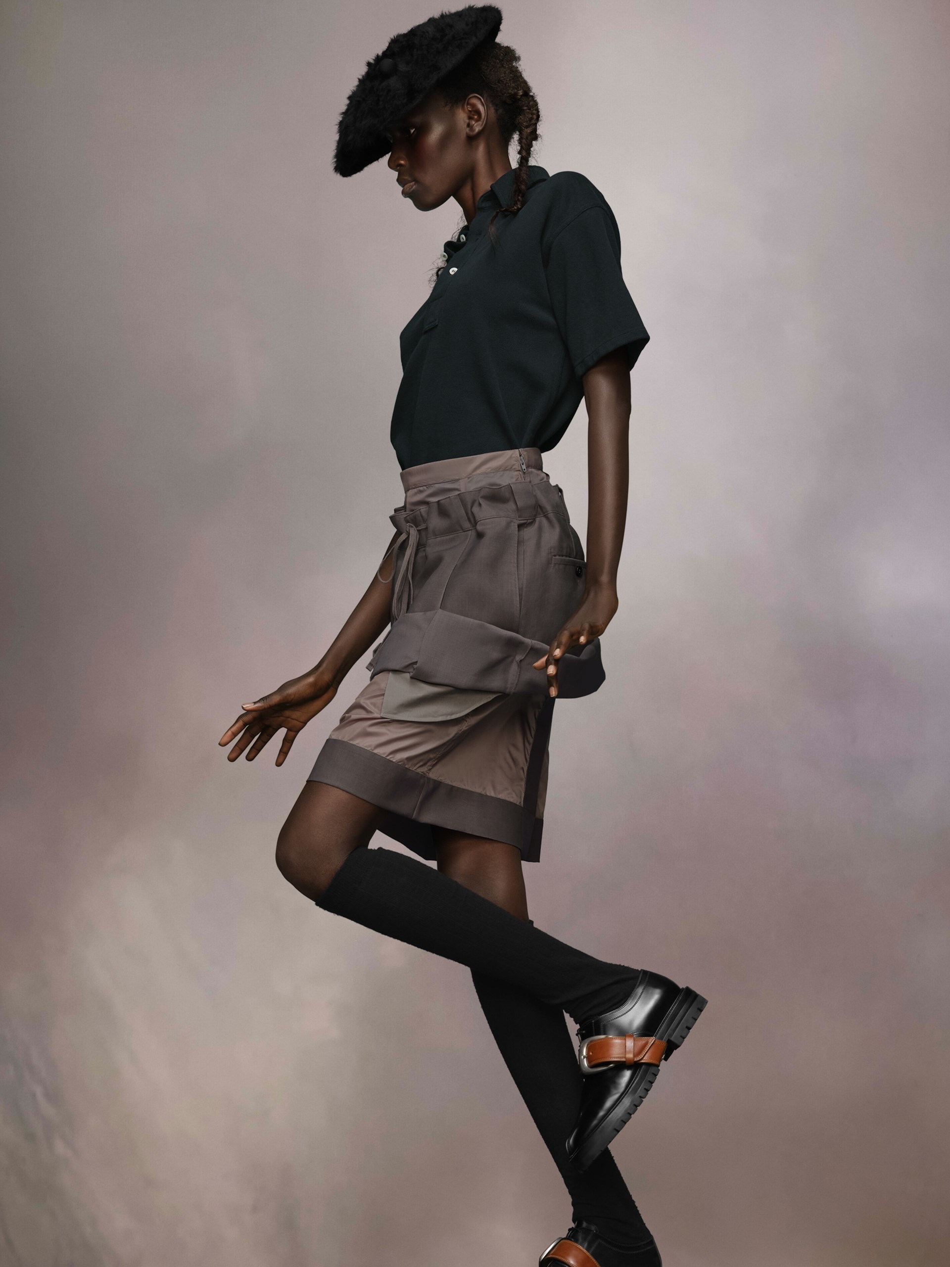 Maison Margiela midi-length taupe skirt made of combined fabrics