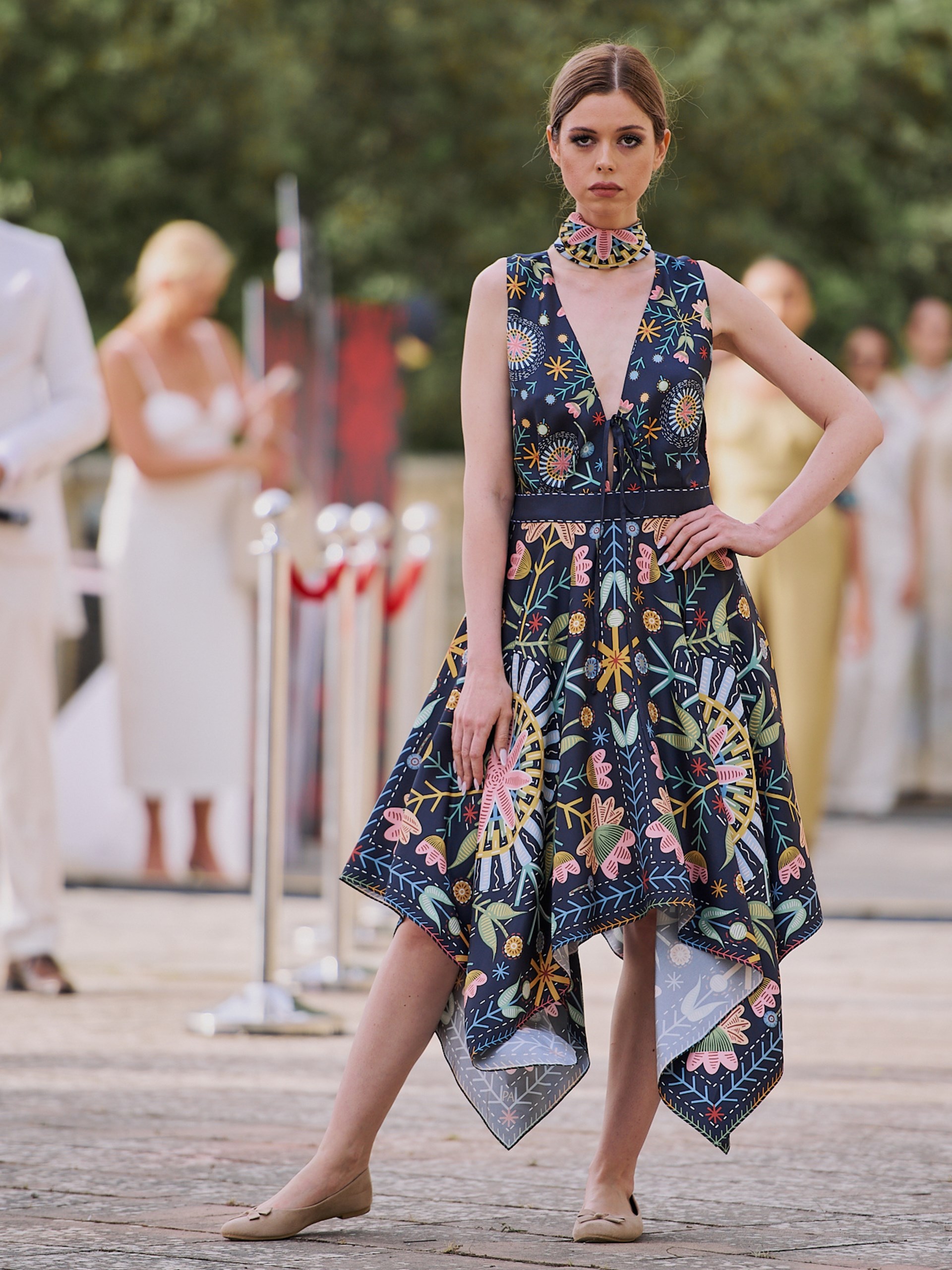 Park Avenue Atelier dark blue sundress with a printed pattern