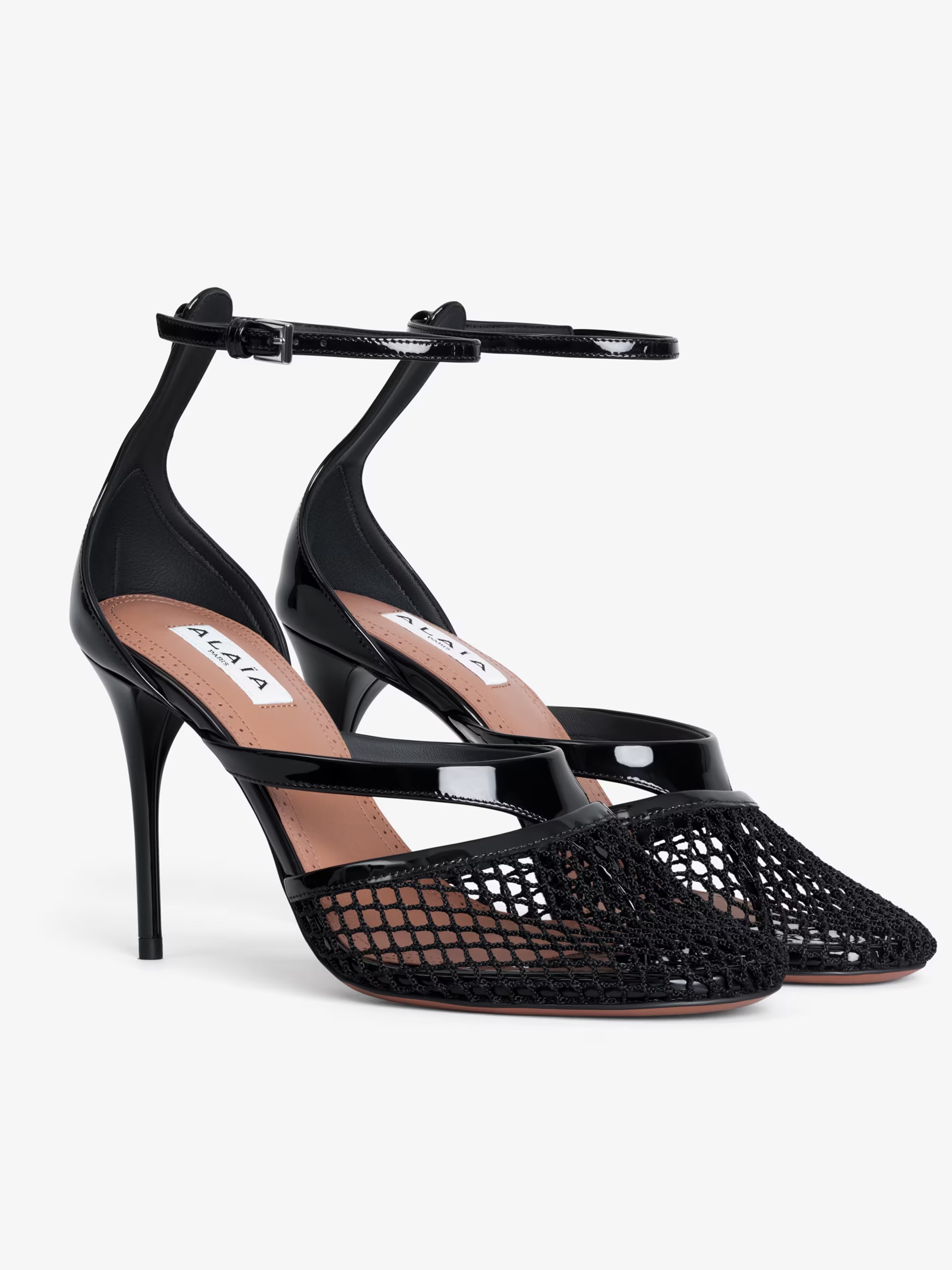 Black leather mesh heeled sandals by Alaia
