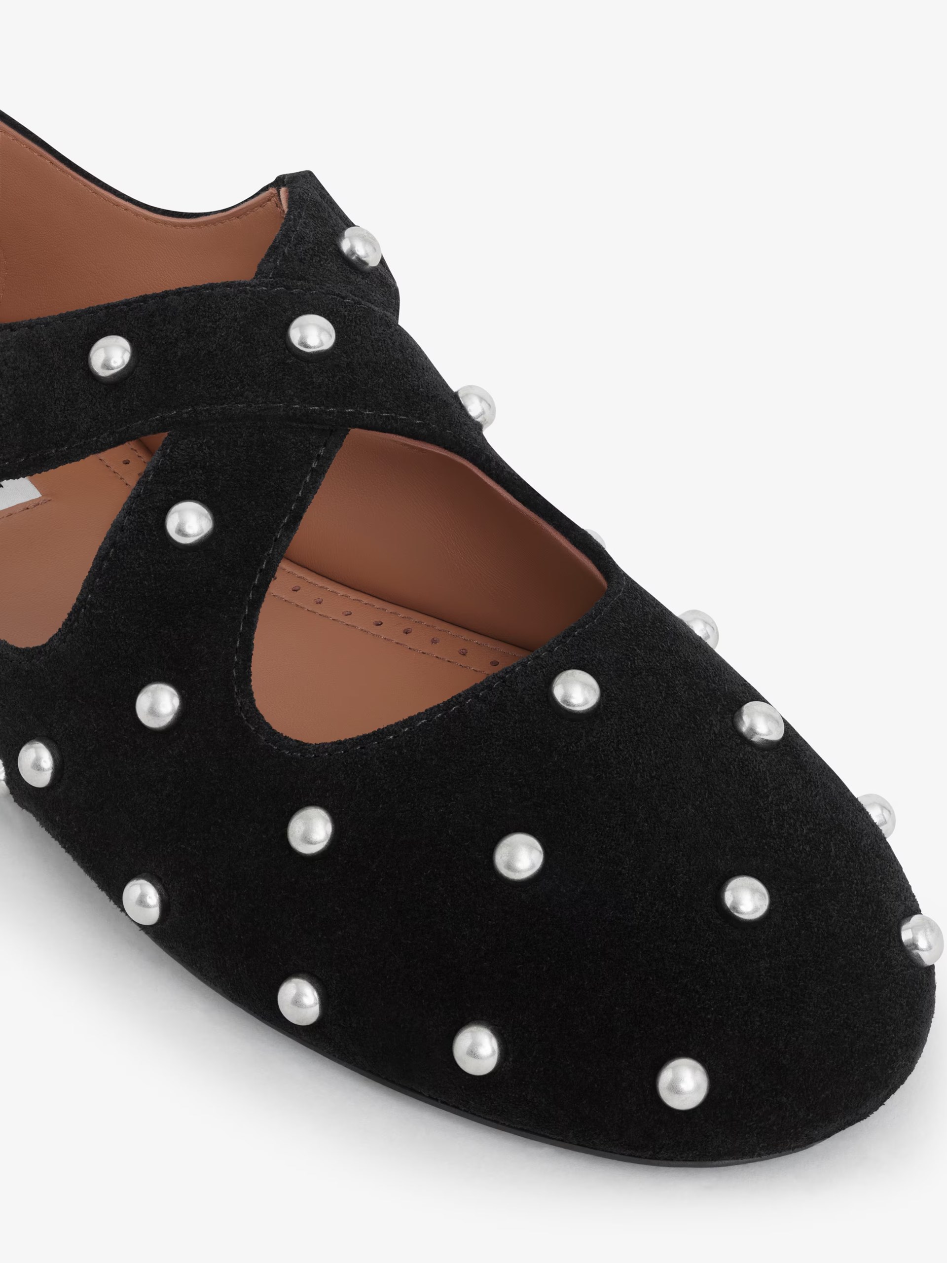 Black suede Alaia ballet flats with rhinestones