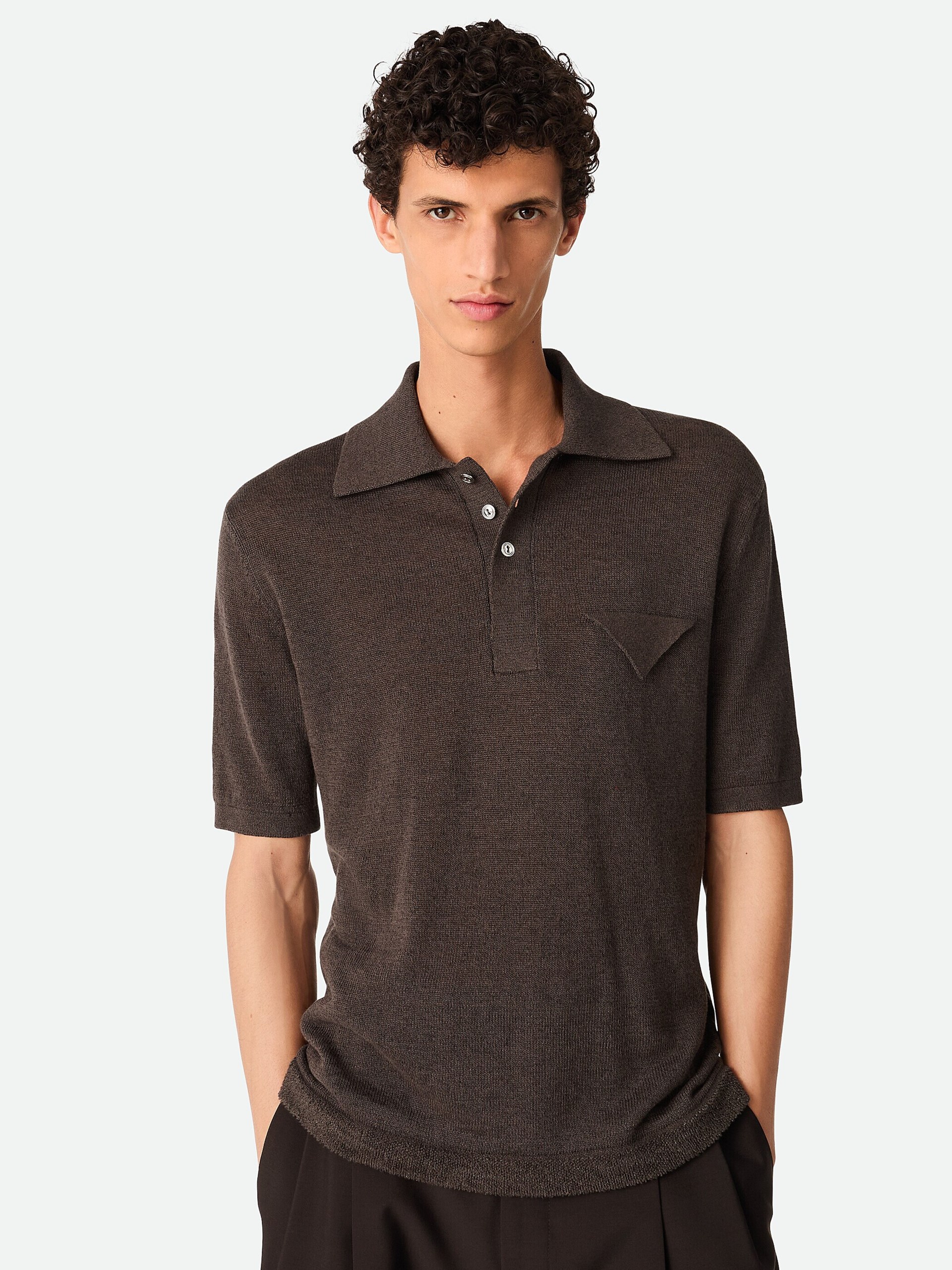Bottega Veneta men's dark brown linen polo shirt