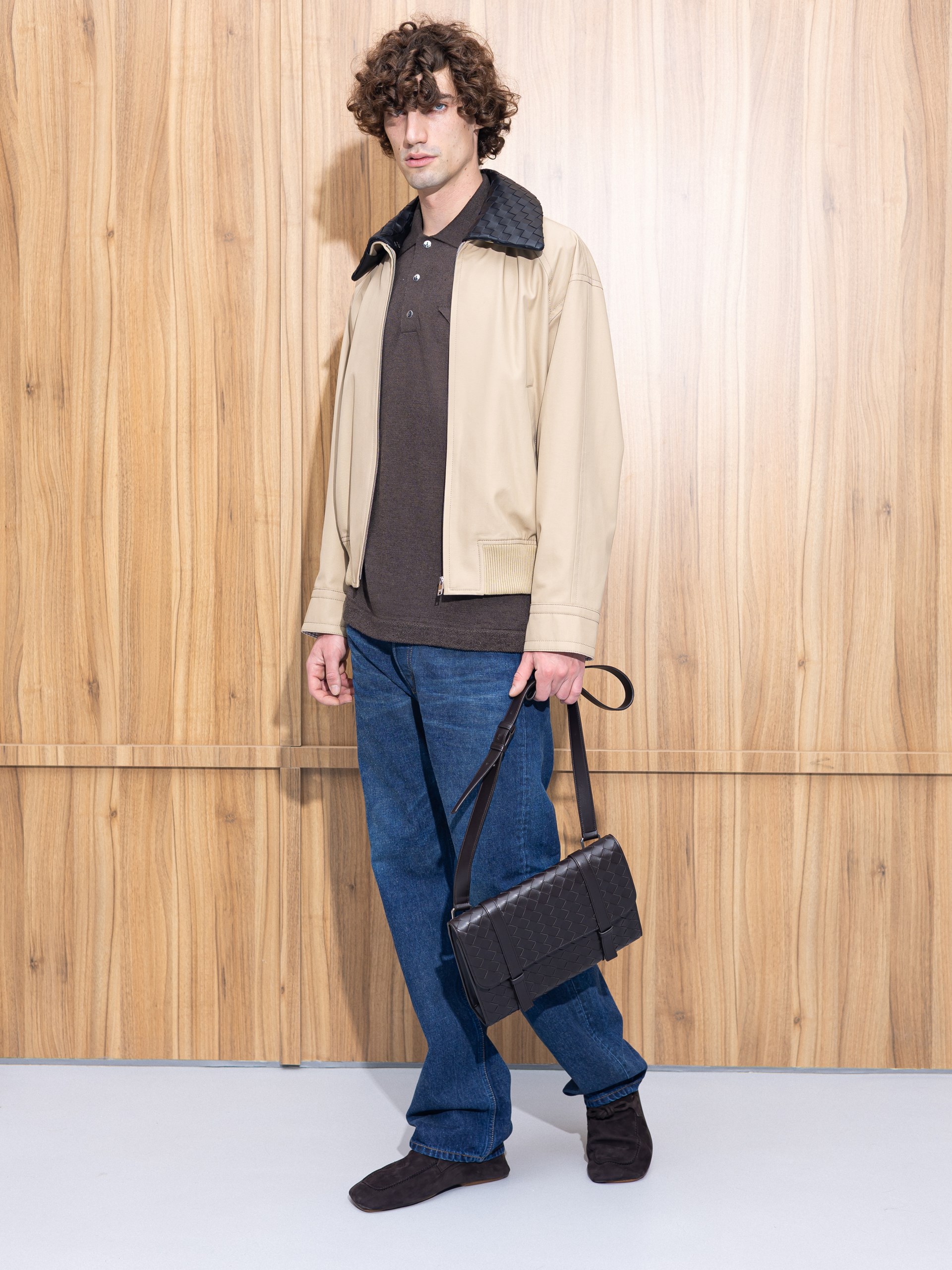 Bottega Veneta Men's Beige Bomber Jacket with Removable Intrecciato Leather Collar
