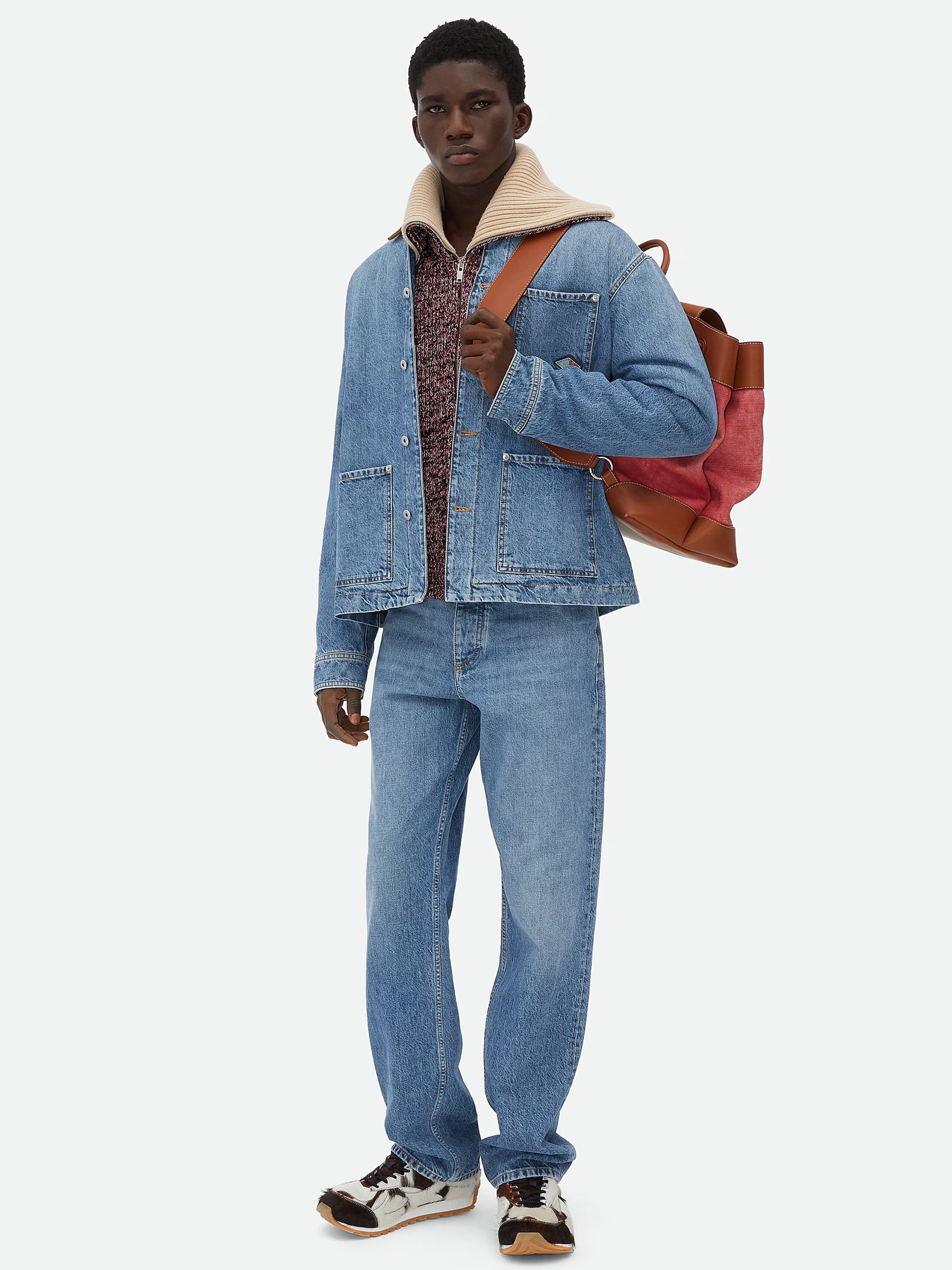 Bottega Veneta men's denim jacket with contrast collar