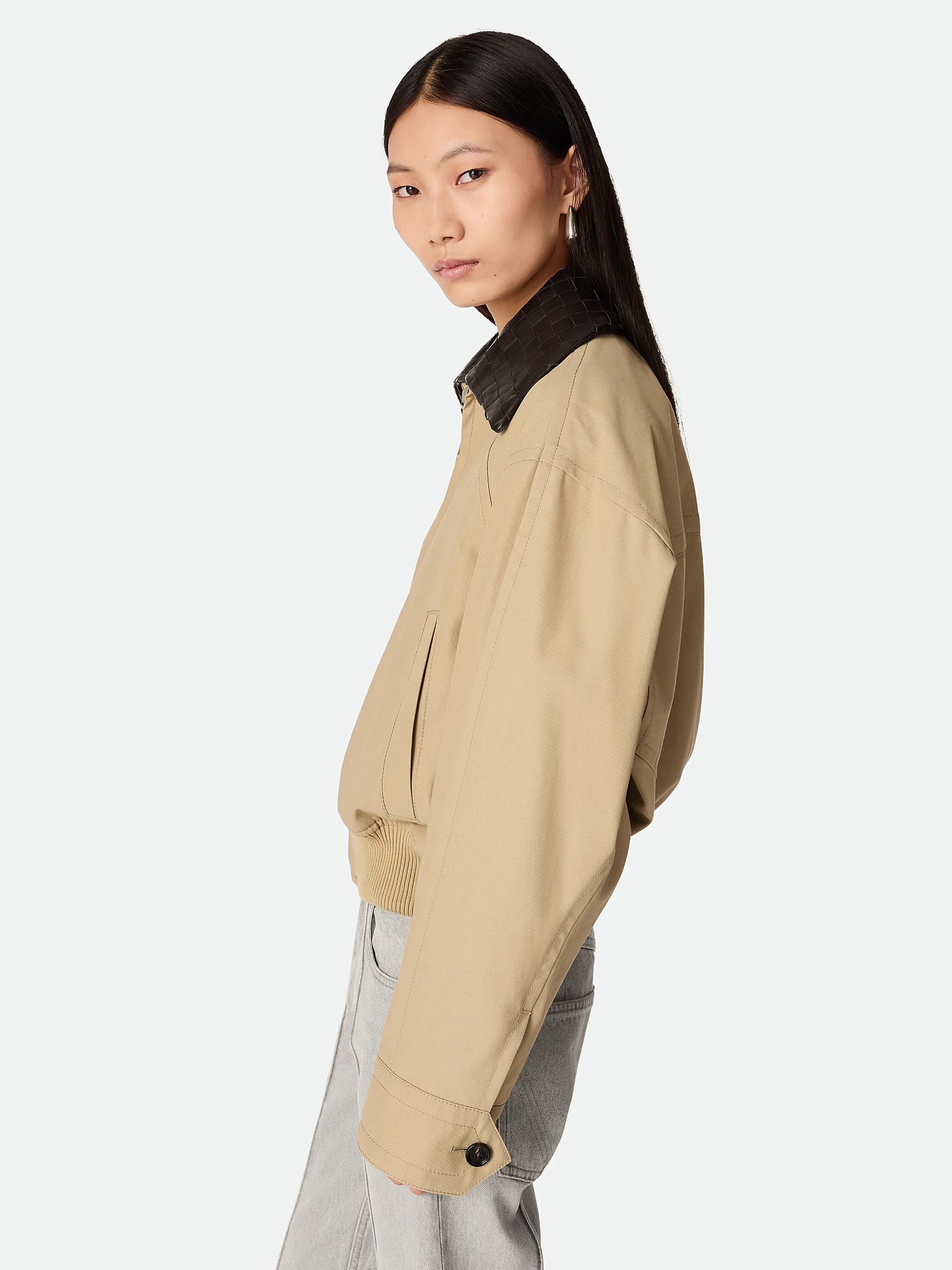 Bottega Veneta beige bomber jacket with removable Intrecciato leather collar
