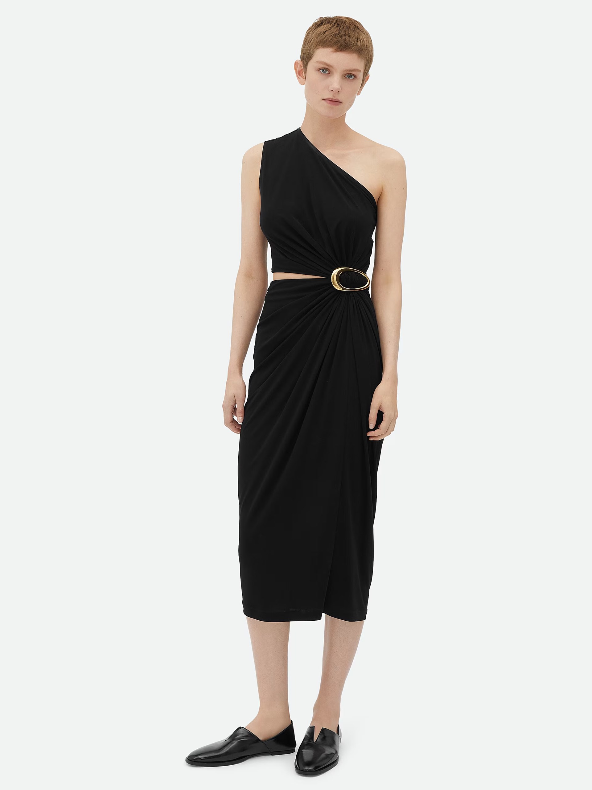 Bottega Veneta black draped dress with gold detail