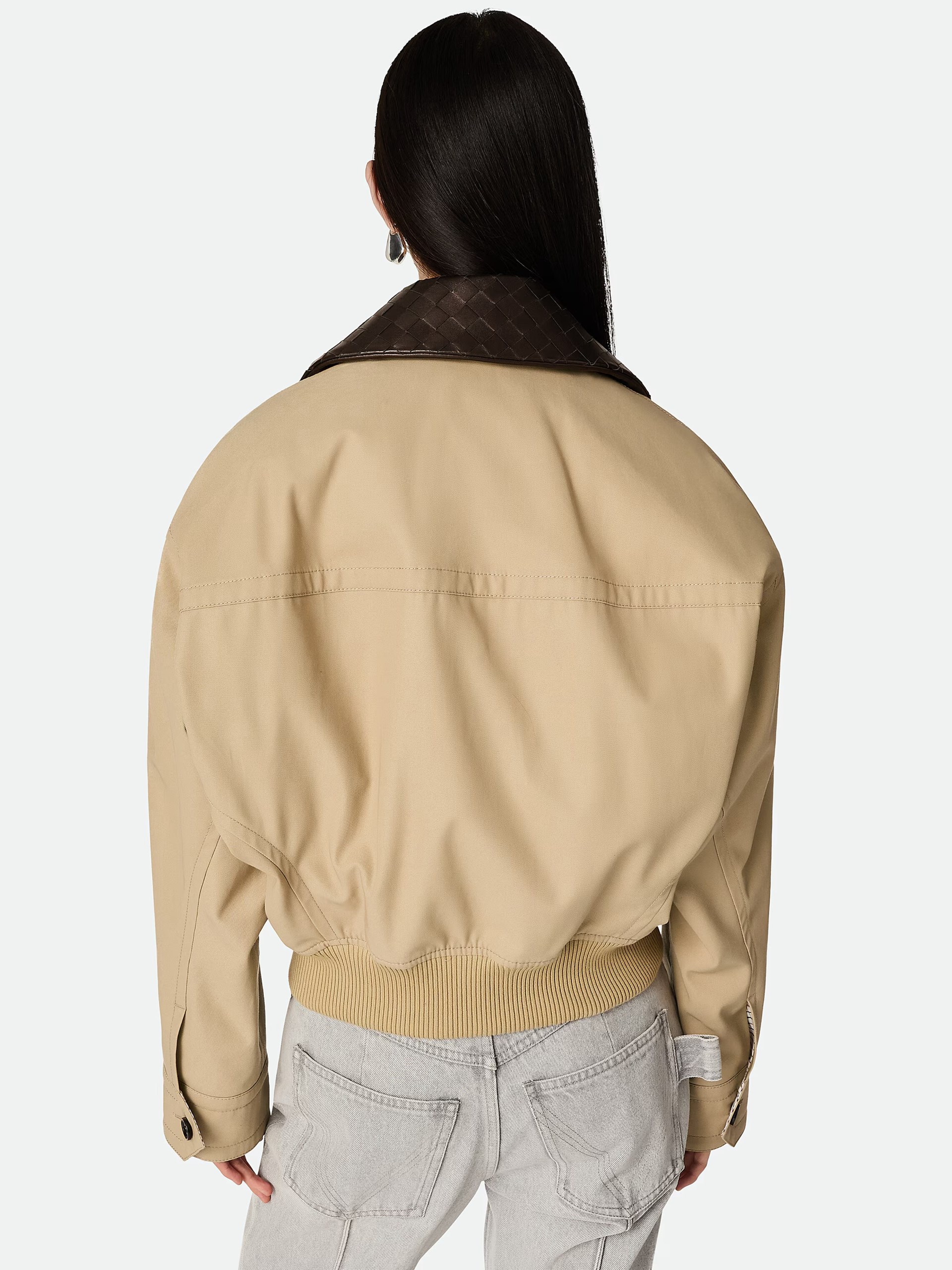 Bottega Veneta beige bomber jacket with removable Intrecciato leather collar