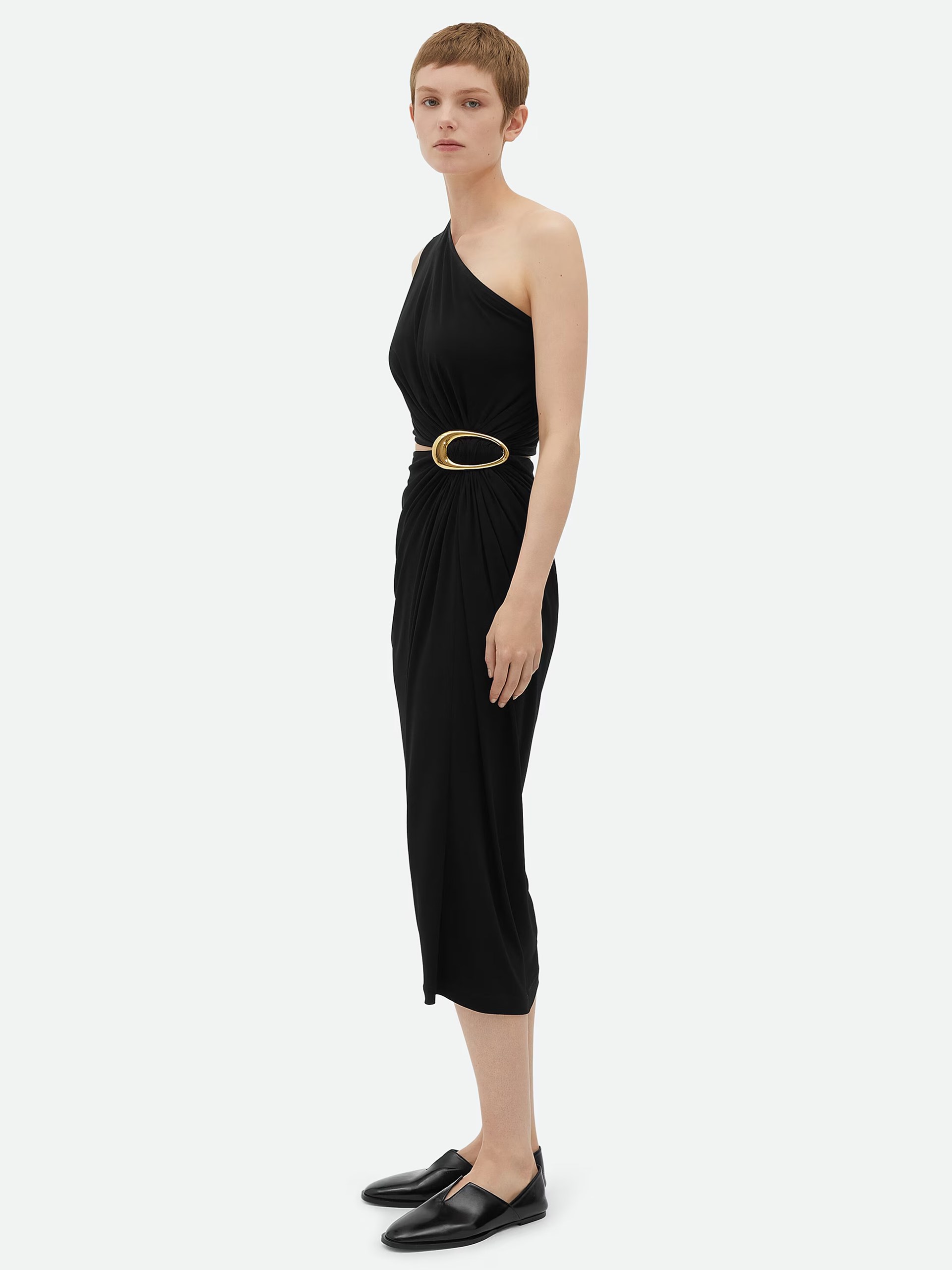 Bottega Veneta black draped dress with gold detail