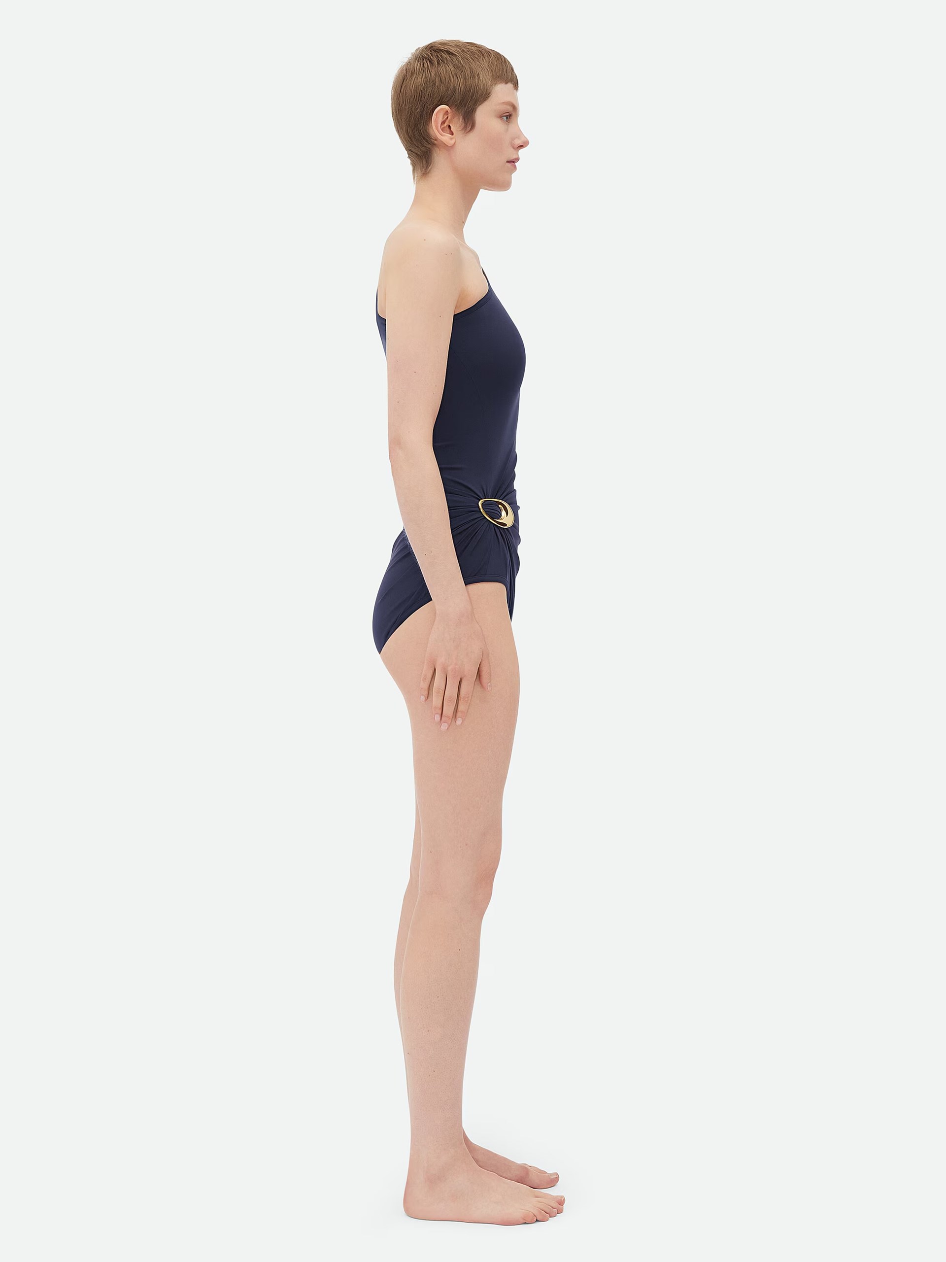 Bottega Veneta navy one-piece swimsuit with gold detail