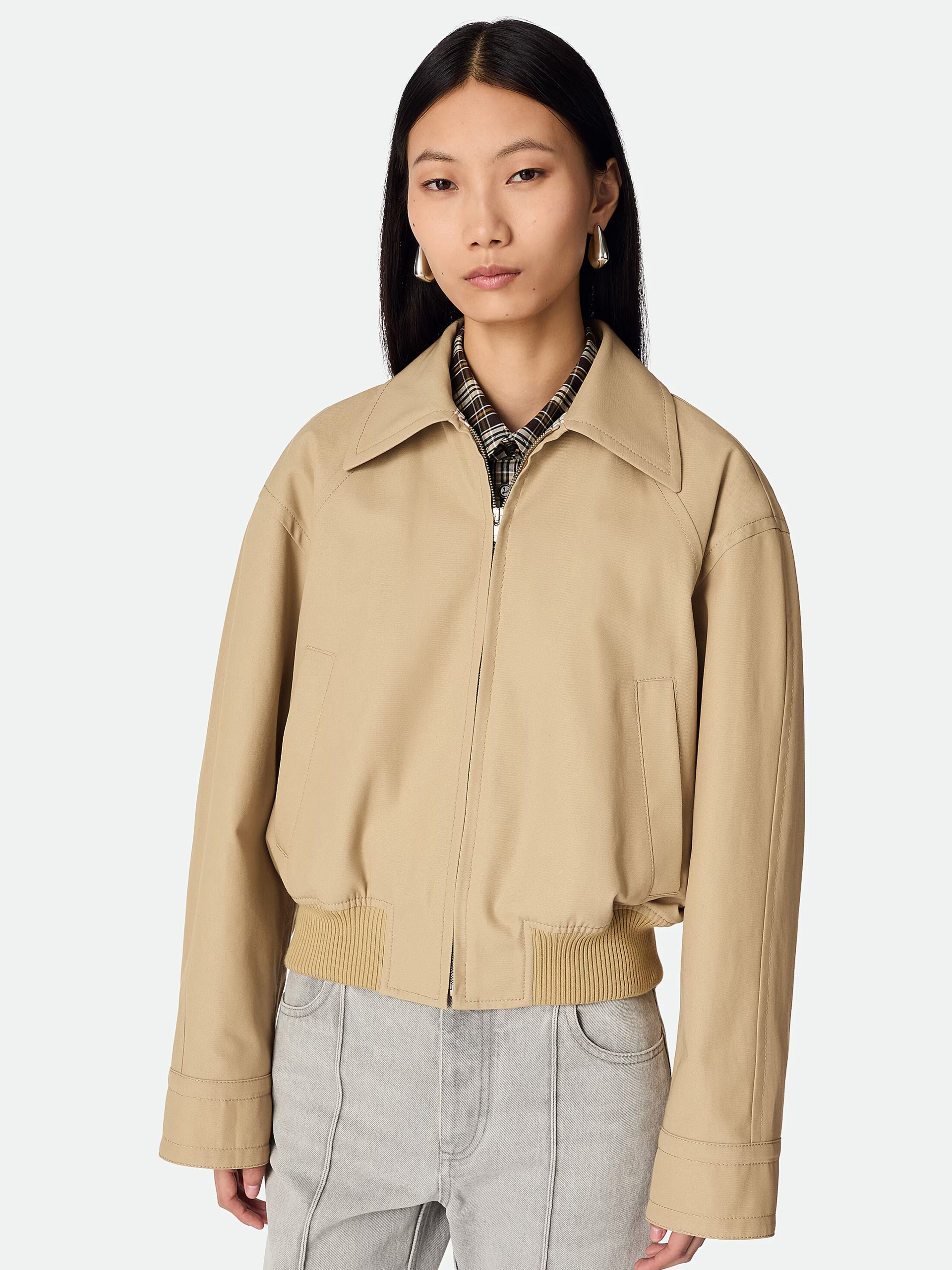 Bottega Veneta beige bomber jacket with removable Intrecciato leather collar
