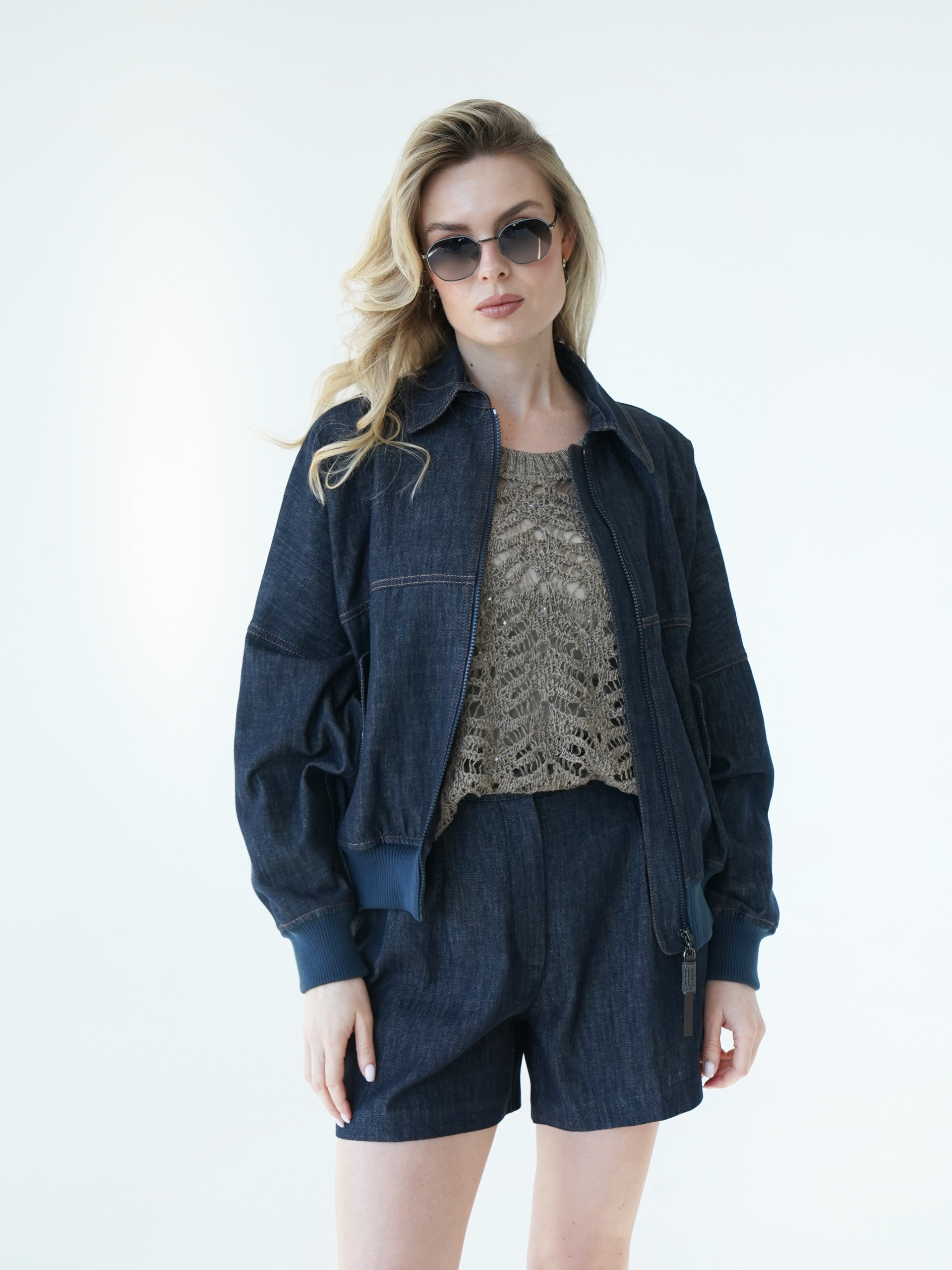 Brunello Cucinelli denim bomber jacket with collar