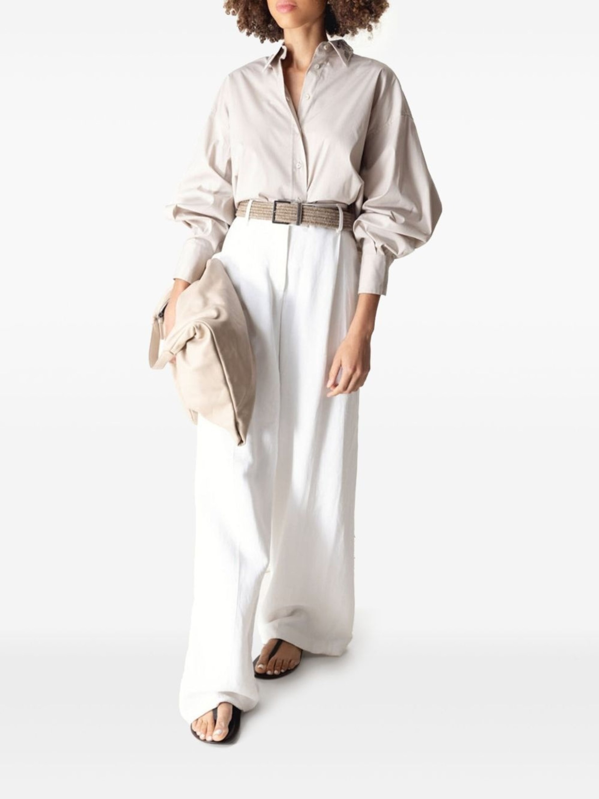 Brunello Cucinelli beige shirt with floral details on the collar