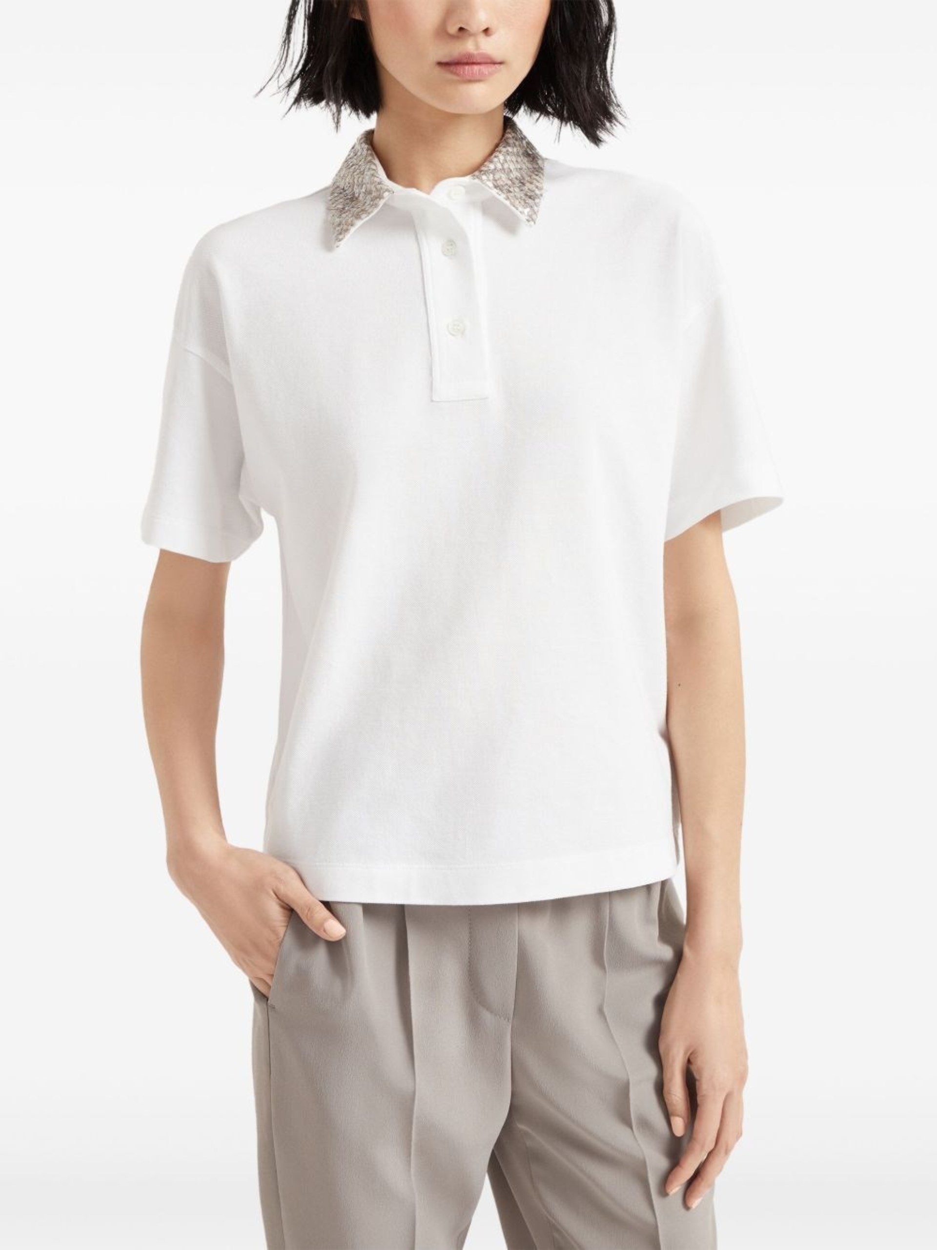 Brunello Cucinelli white polo shirt with contrast collar