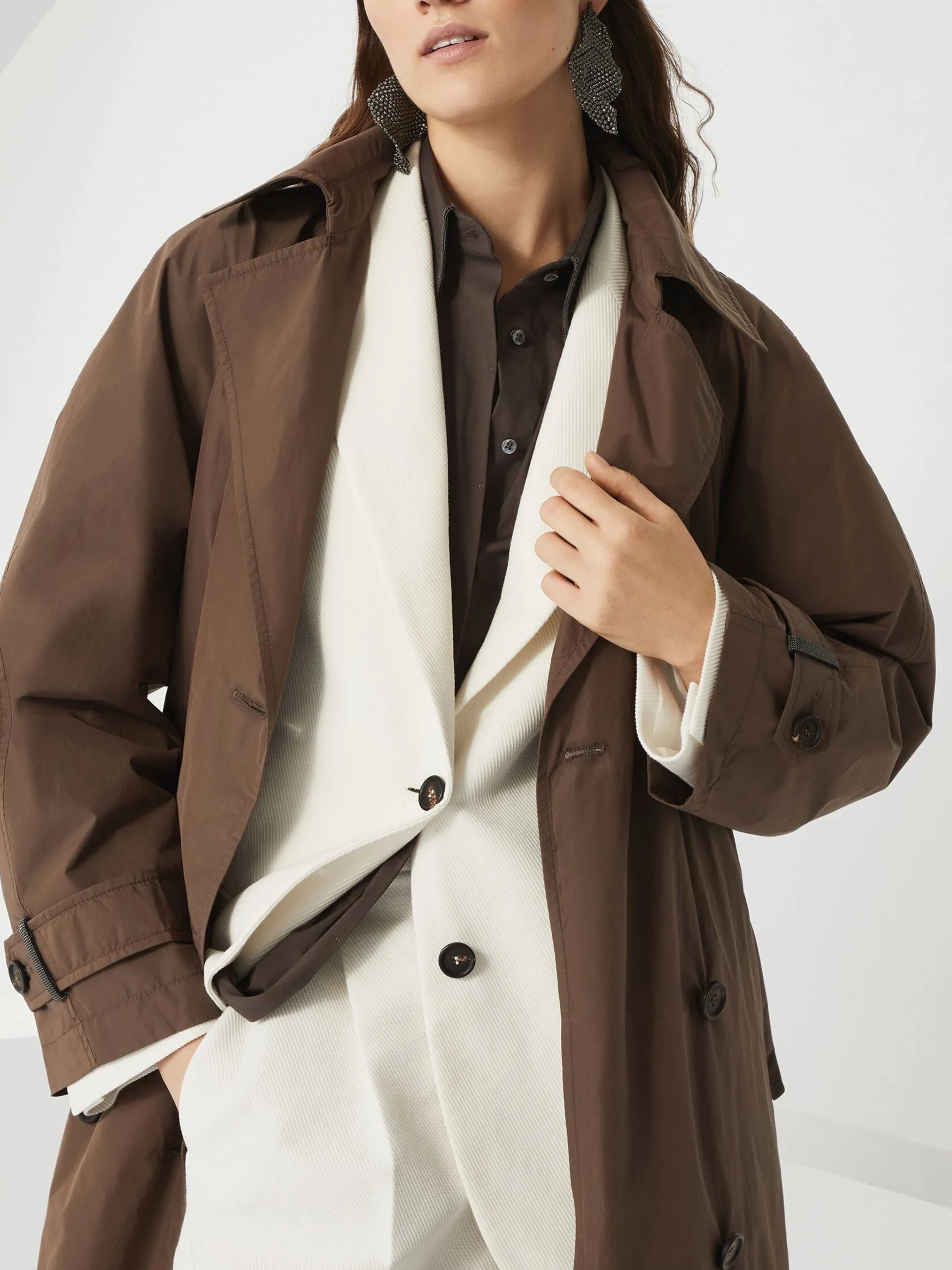 Brunello Cucinelli dark brown trench coat decorated with Monili