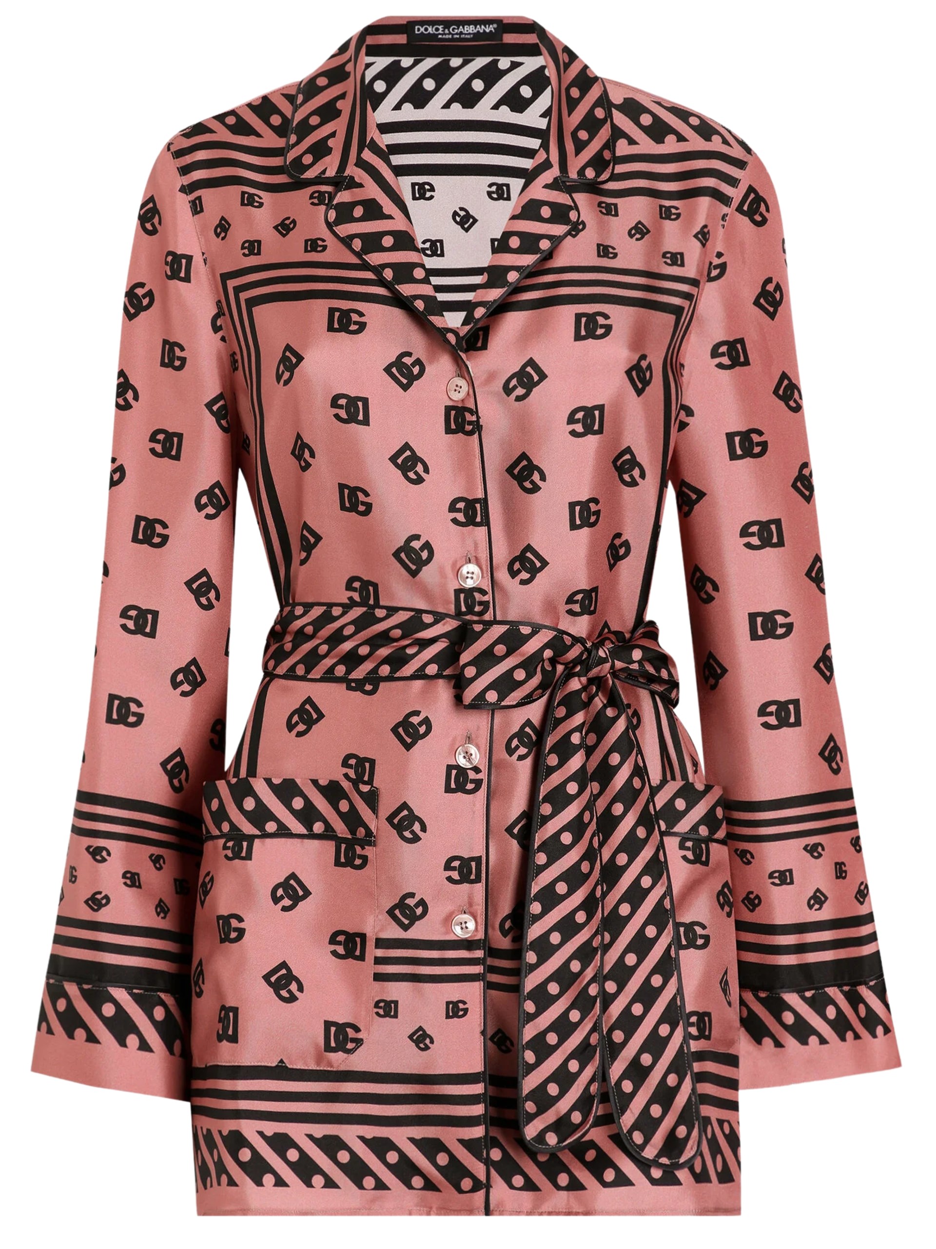 Dolce&Gabbana Silk twill pajama shirt with all-over DG logo scarf print